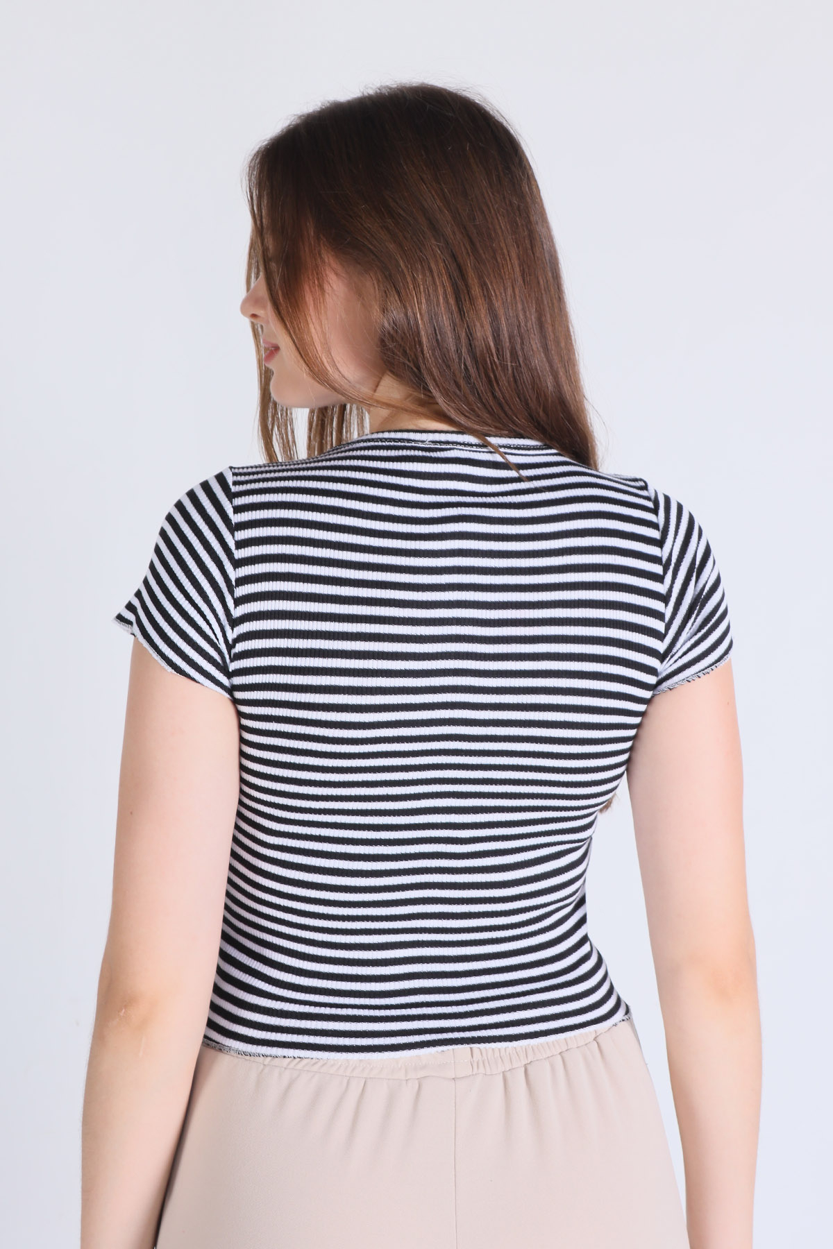 5285 Çizgili Crop Bluz Siyah - 4