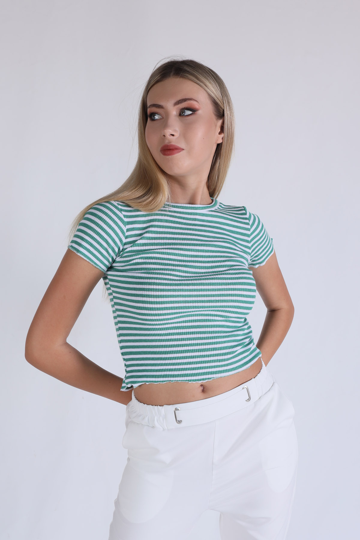 Yeşil Çizgili Crop Bluz 5285 - 2