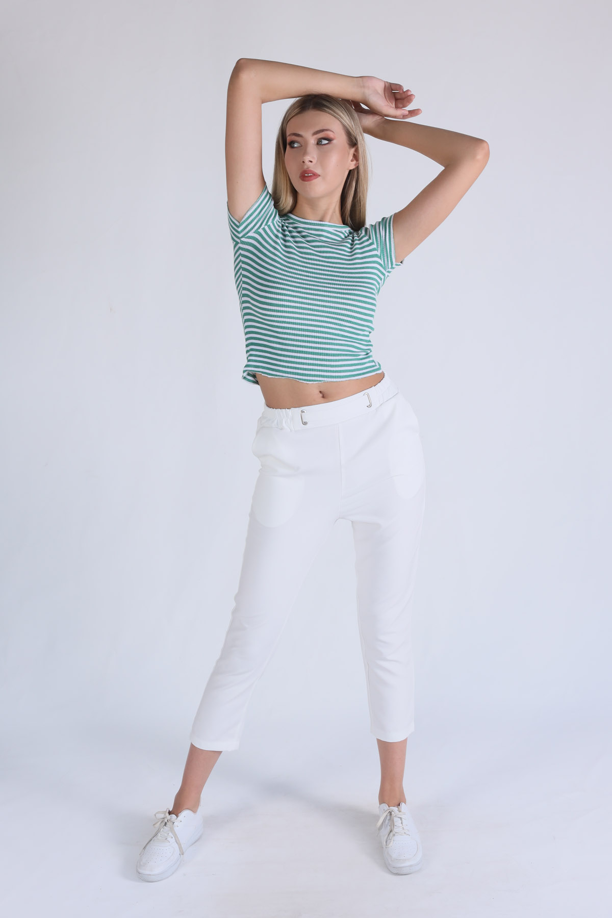 Yeşil Çizgili Crop Bluz 5285 - 4