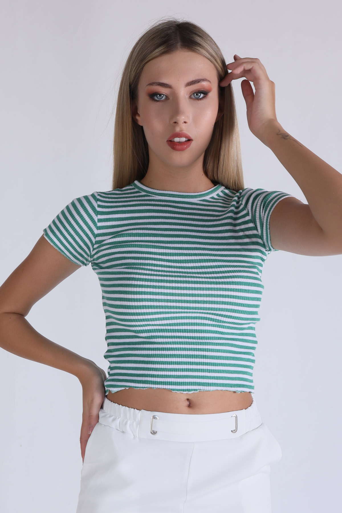 Yeşil Çizgili Crop Bluz 5285 - 1