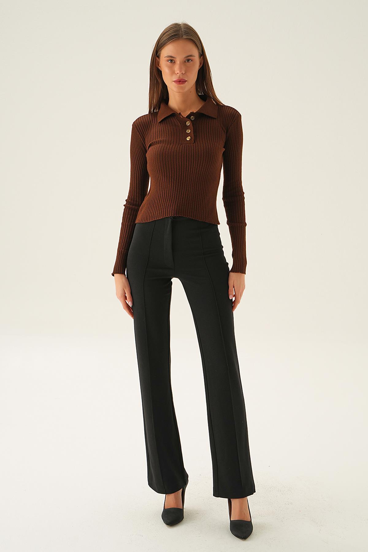 5287 Polo Yaka Düğmeli Bluz Kahve 