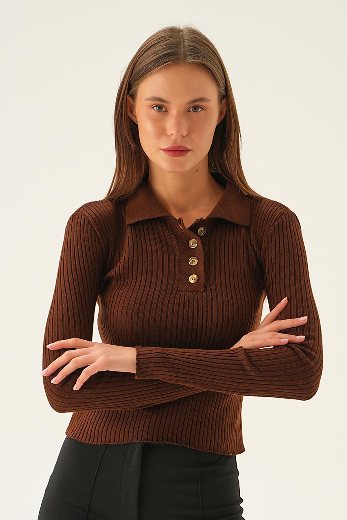 Kahve Polo Yaka Düğmeli Kazak 5287 - 4