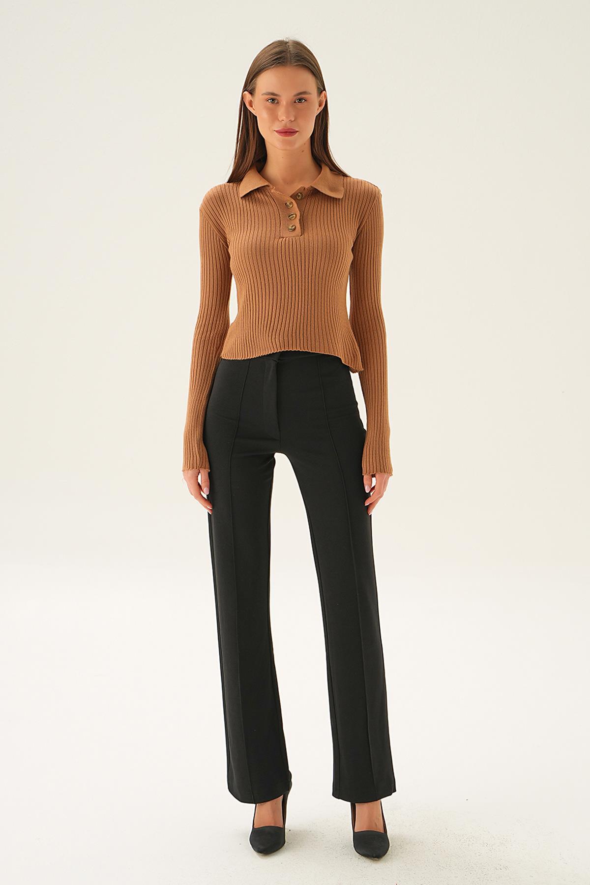 5287 Polo Yaka Düğmeli Bluz Karamel - 2