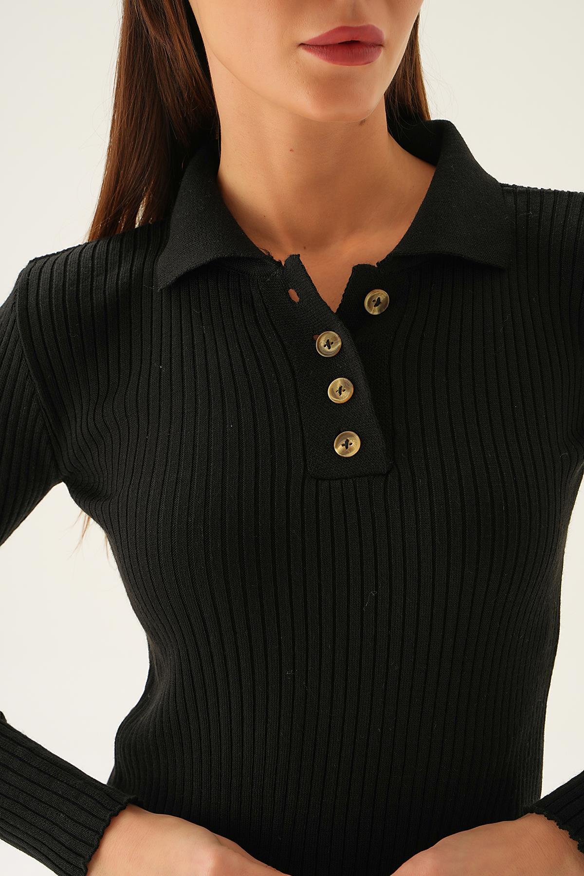 5287 Polo Yaka Düğmeli Bluz Siyah - 5