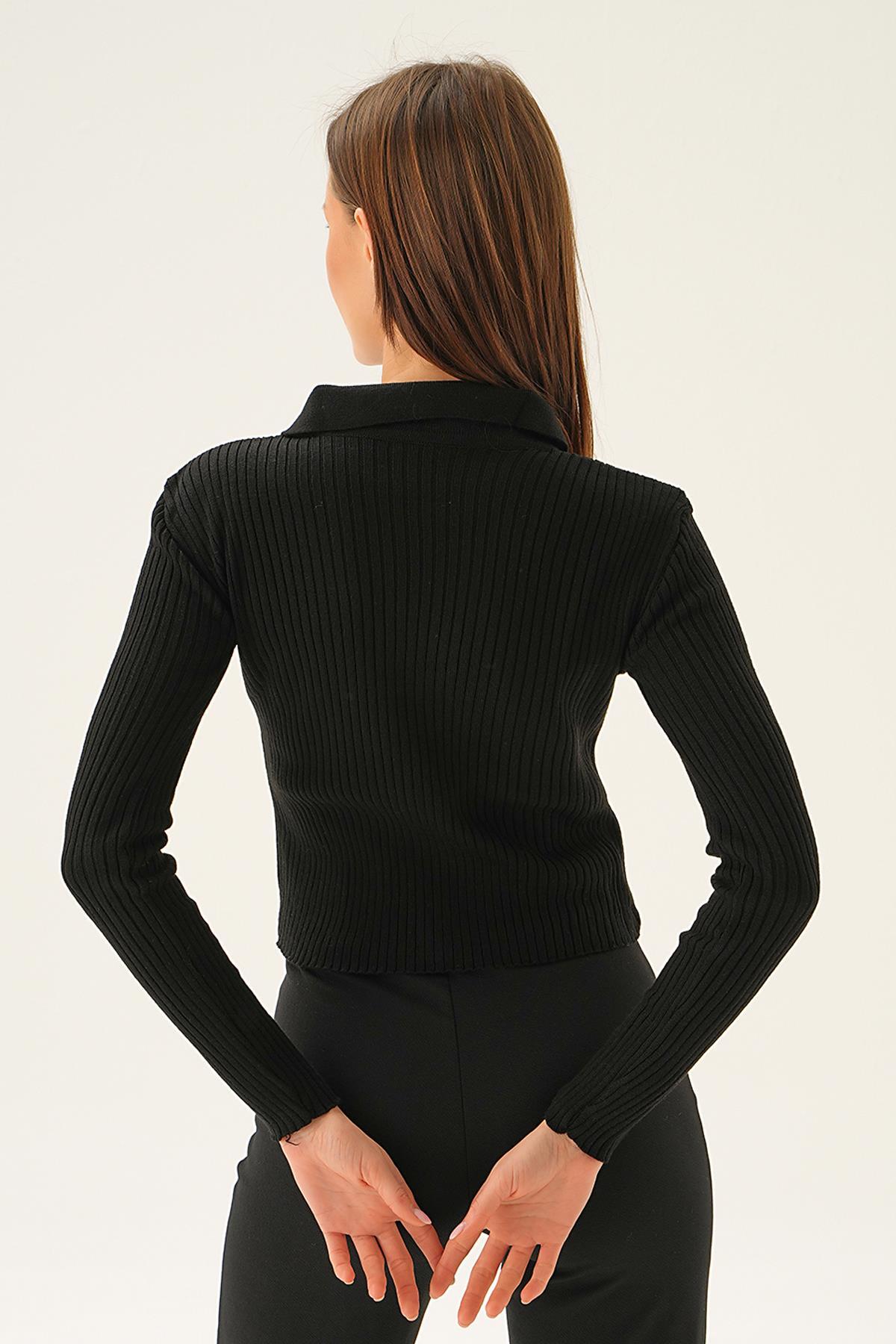 5287 Polo Yaka Düğmeli Bluz Siyah - 4