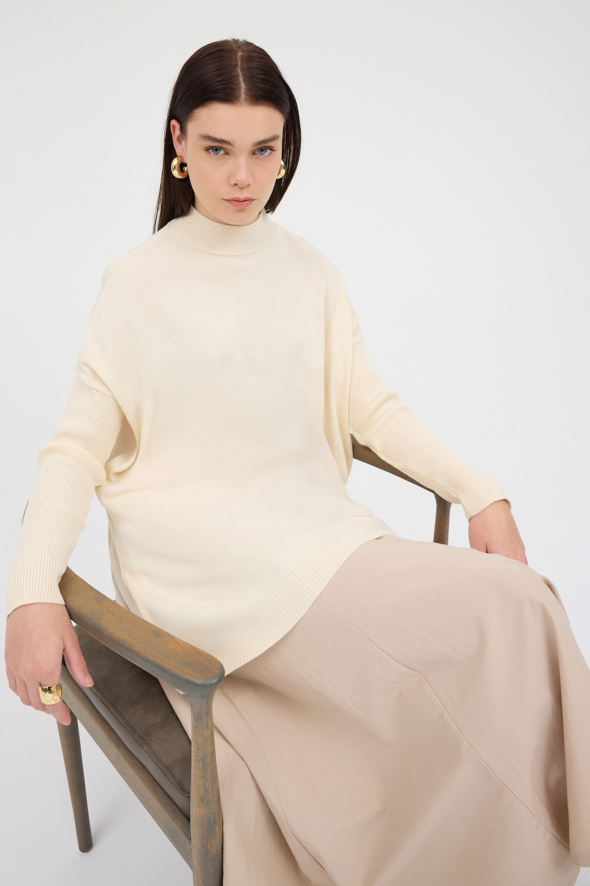 Ekru Balıkçı Yaka Triko Tunik 5315 - 1