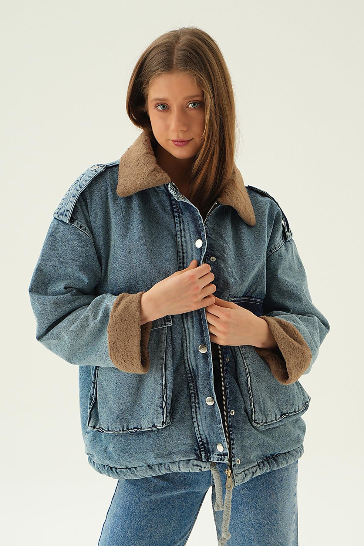 5320 Kol Kürk Detay Jean Ceket Koyu Kar Yıkama - 4