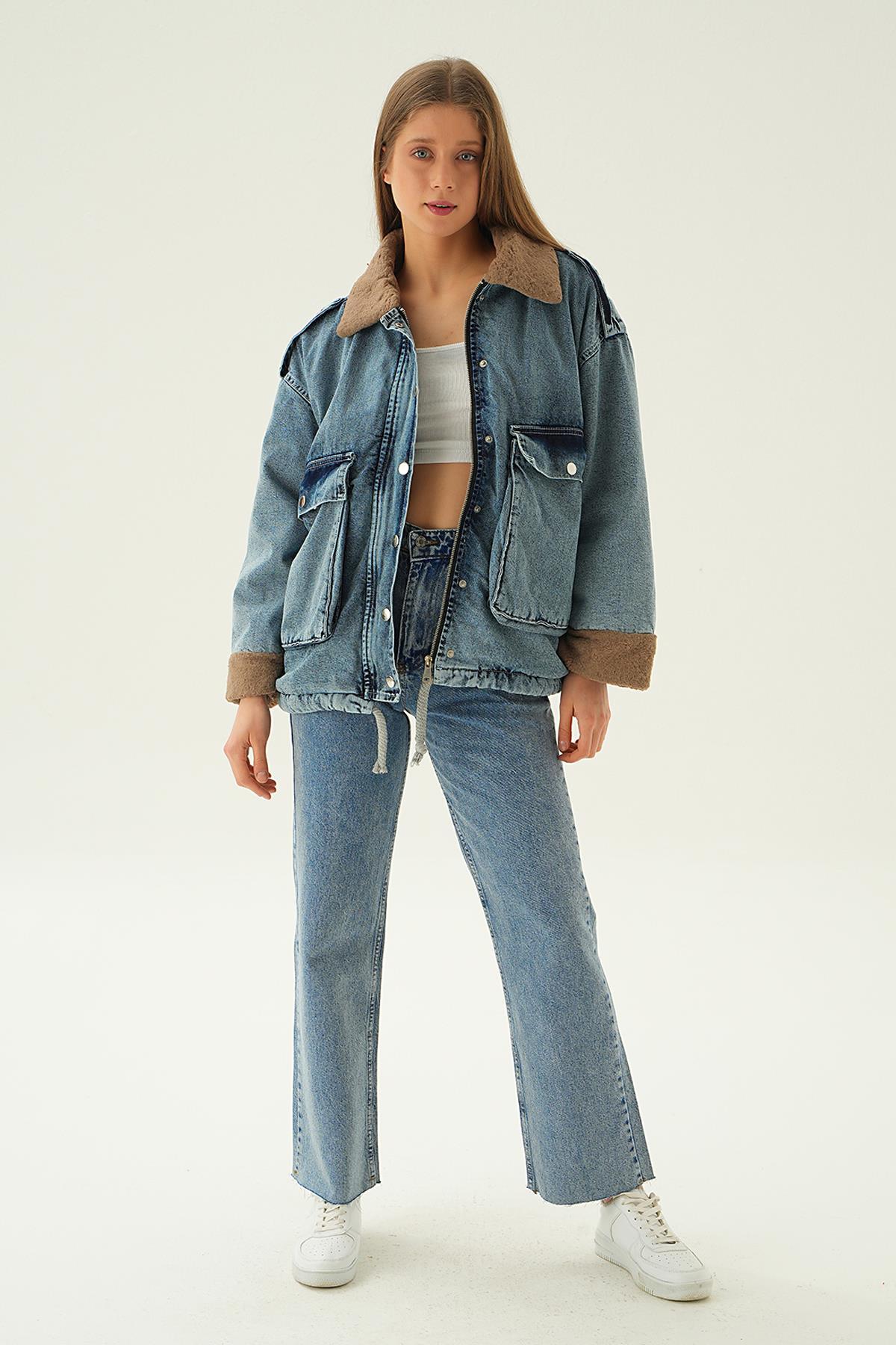 5320 Kol Kürk Detay Jean Ceket Koyu Kar Yıkama - 6