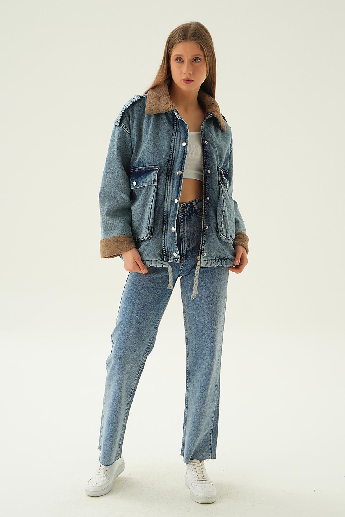 Koyu Kar Yıkama Kol Kürk Detay Jean Ceket 5320 