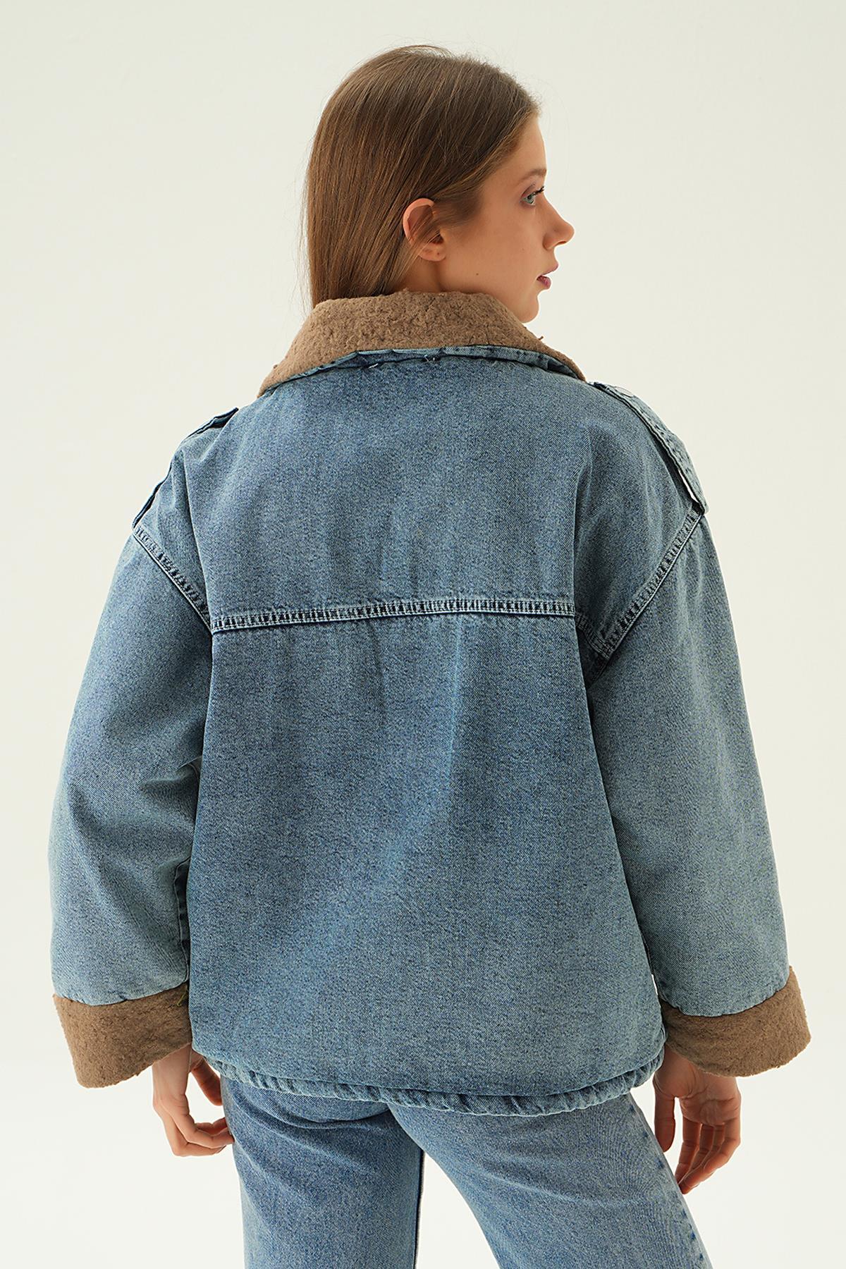 Koyu Kar Yıkama Kol Kürk Detay Jean Ceket 5320 - 2