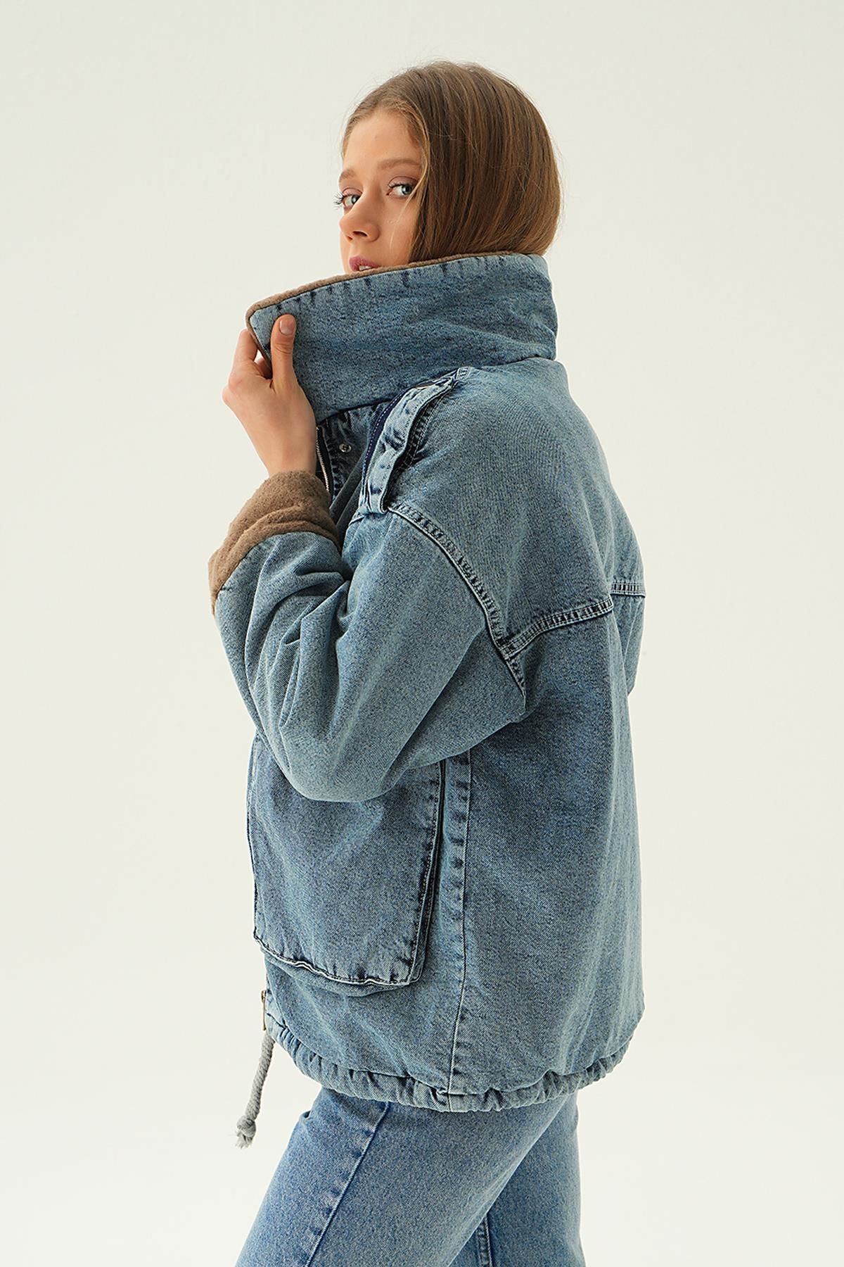 Koyu Kar Yıkama Kol Kürk Detay Jean Ceket 5320 - 3