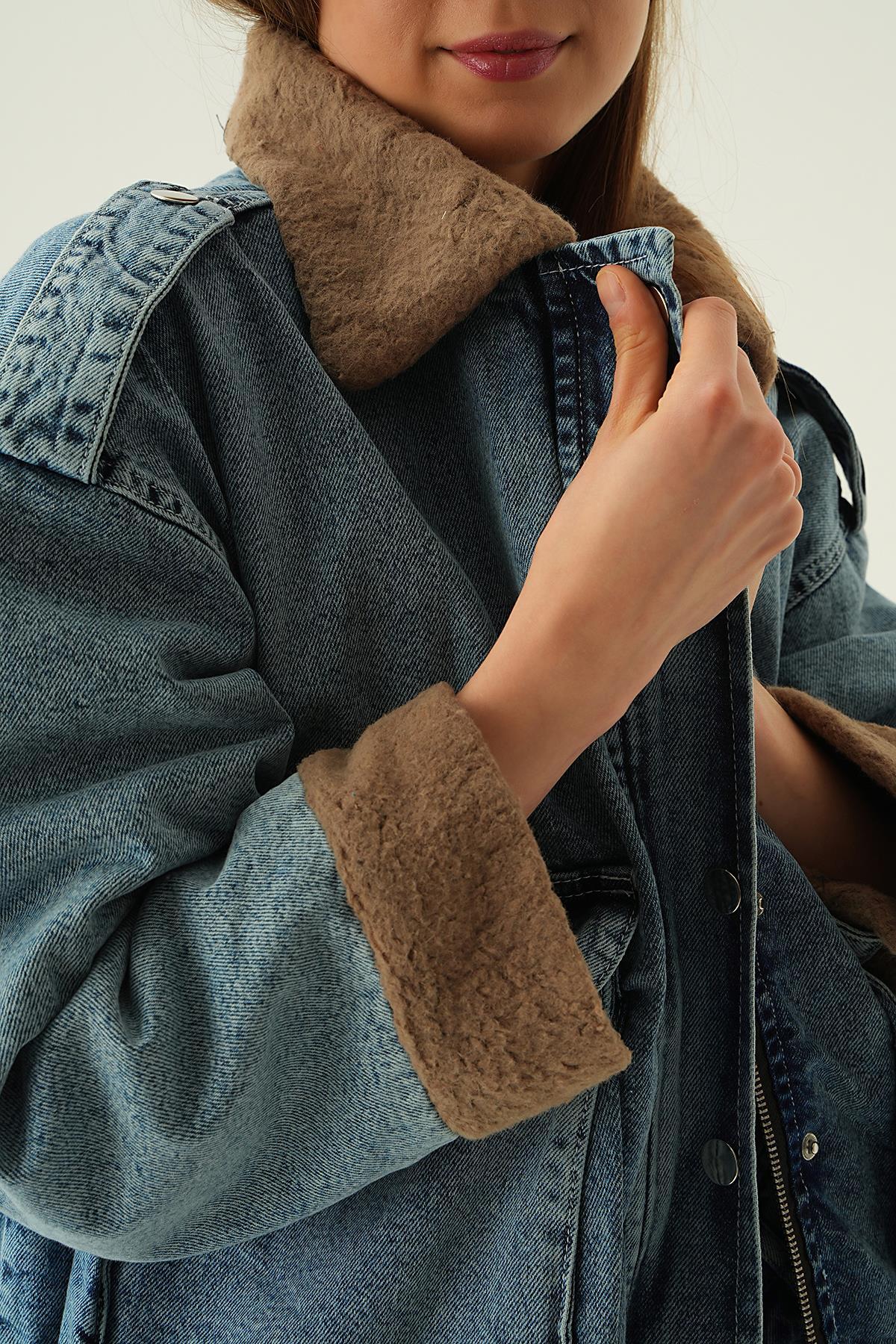 Koyu Kar Yıkama Kol Kürk Detay Jean Ceket 5320 - 5