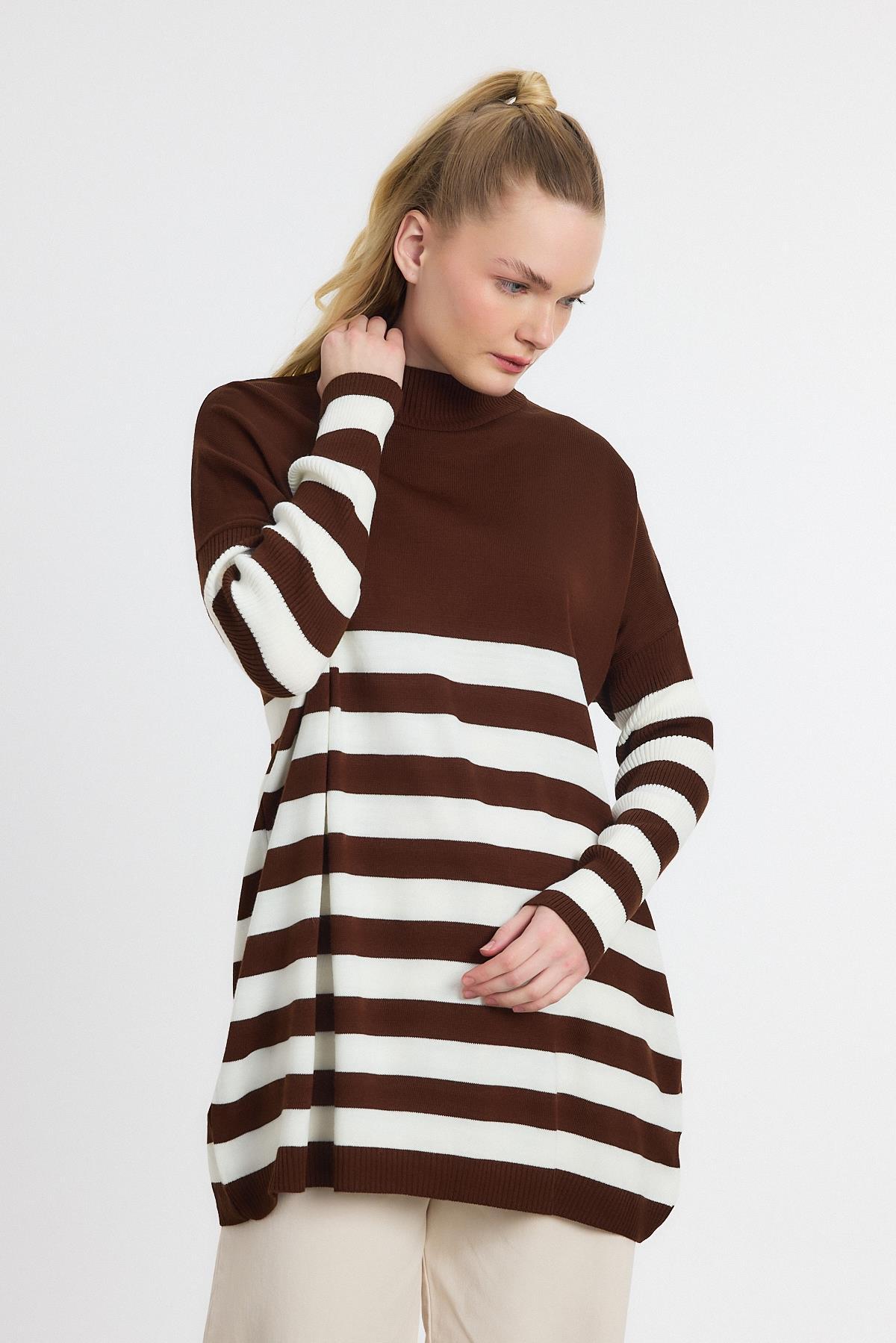 5325 Kalın Çizgili Tunik Acı Kahve - 7