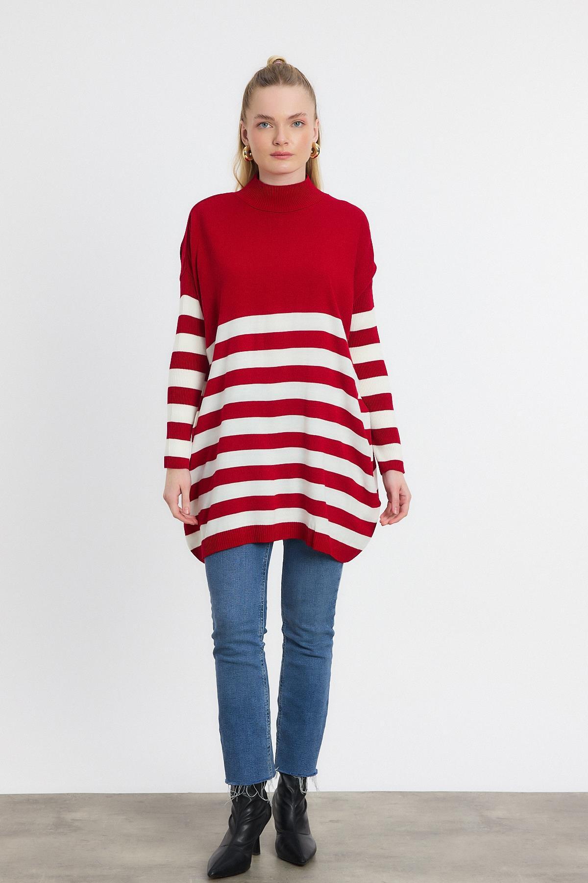 5325 Kalın Çizgili Tunik Kırmızı - RAYS