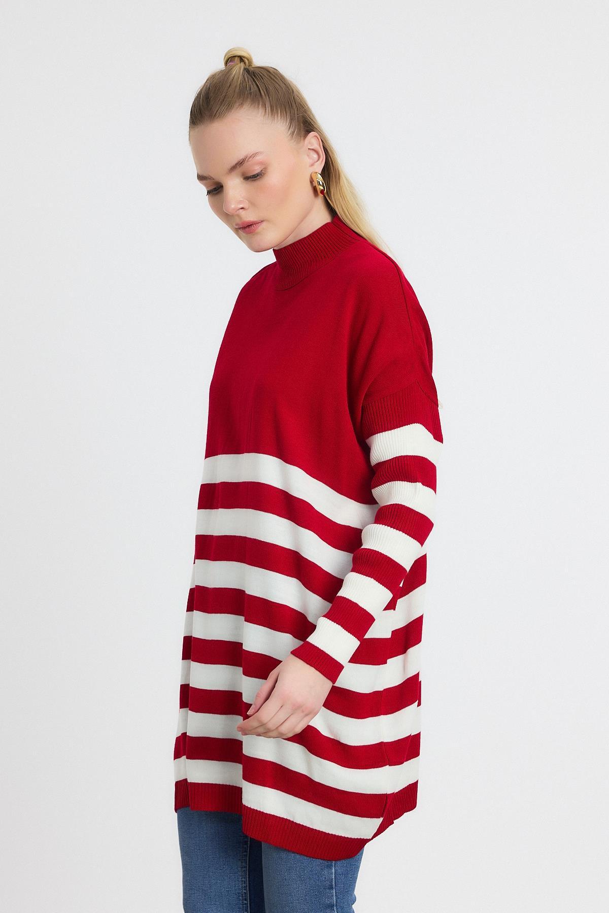 5325 Kalın Çizgili Tunik Kırmızı - 6