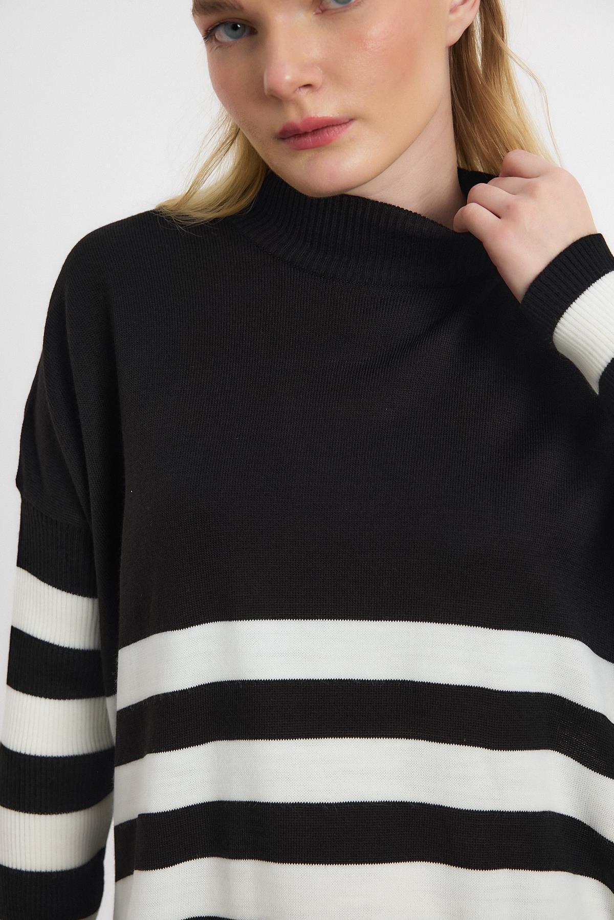 5325 Kalın Çizgili Tunik Siyah - 4