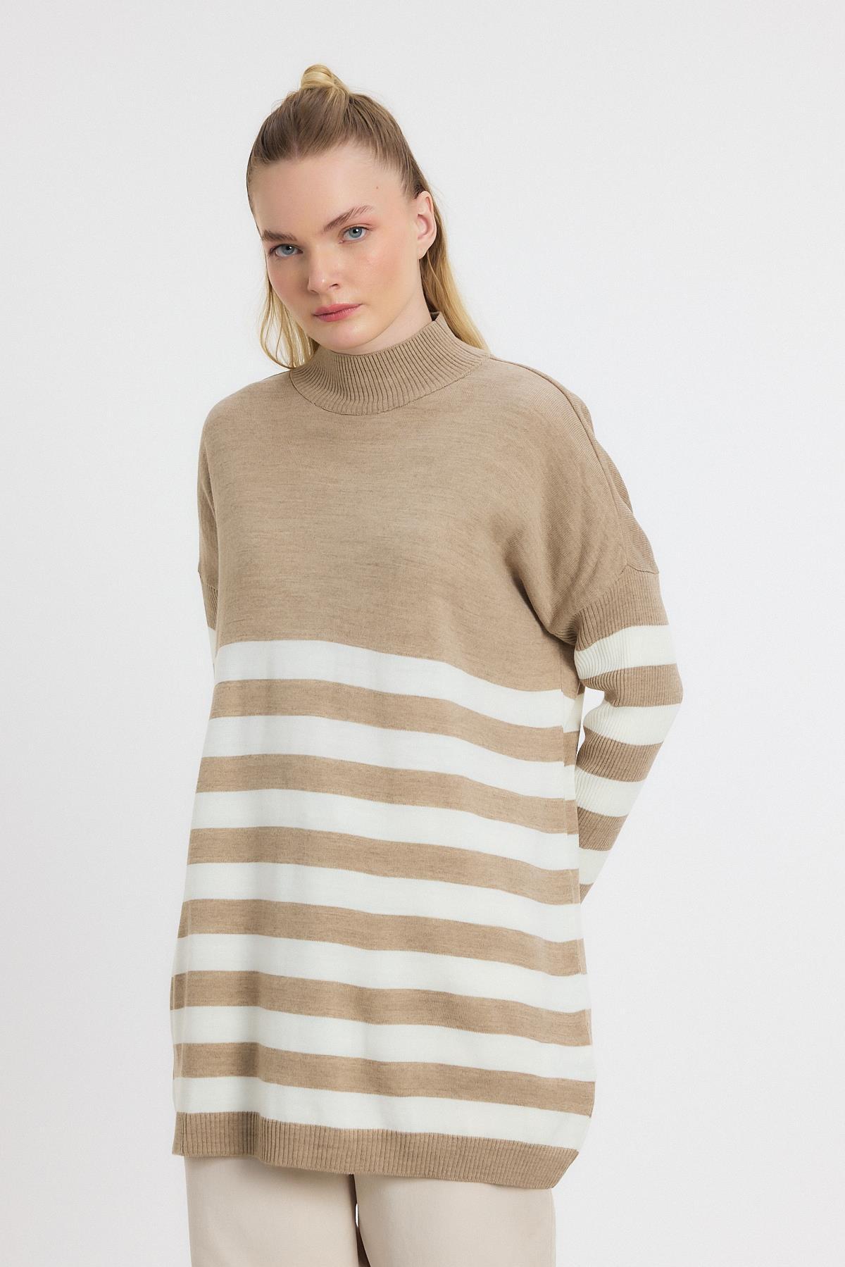 5325 Kalın Çizgili Tunik Vizon - 1