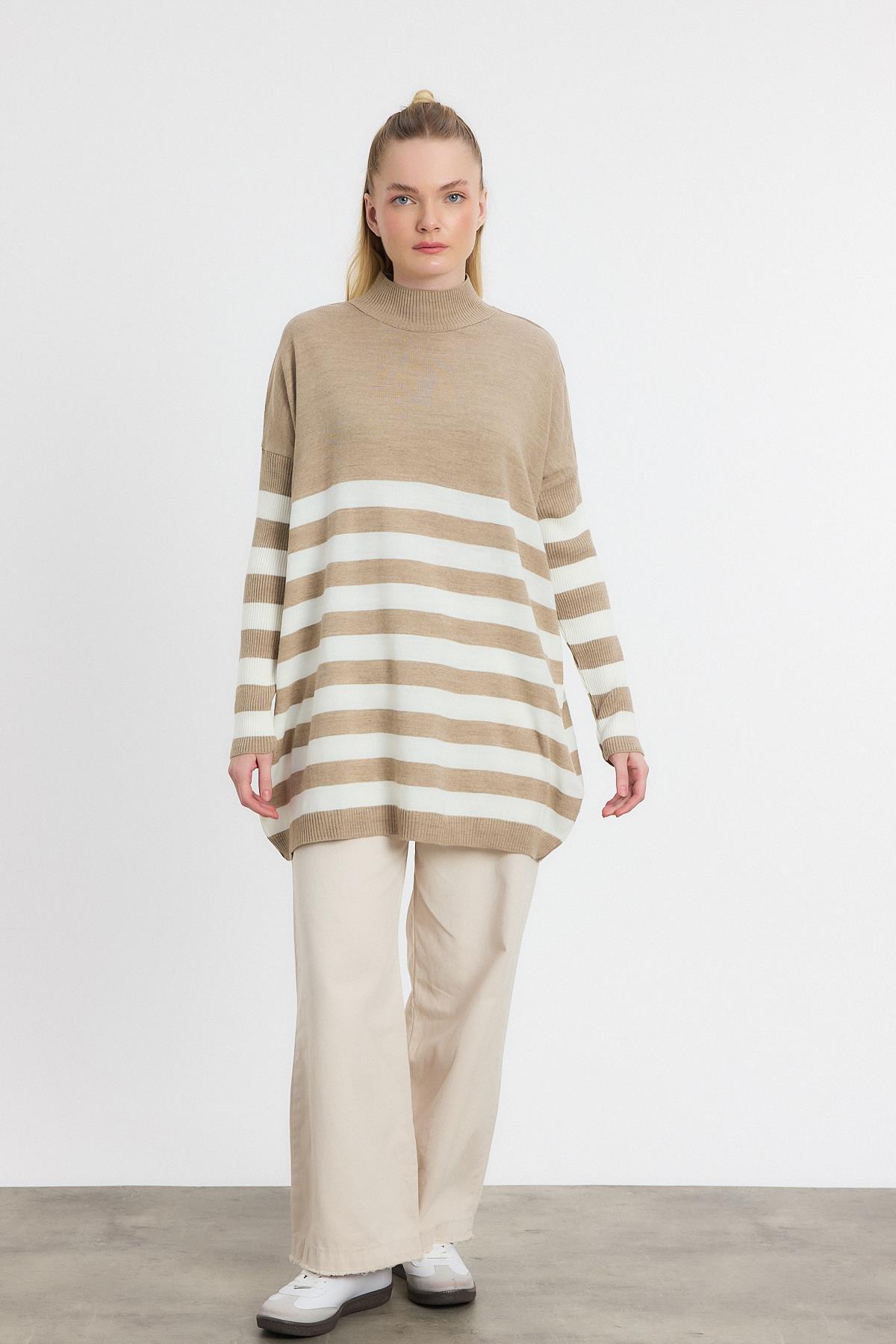 5325 Kalın Çizgili Tunik Vizon - RAYS