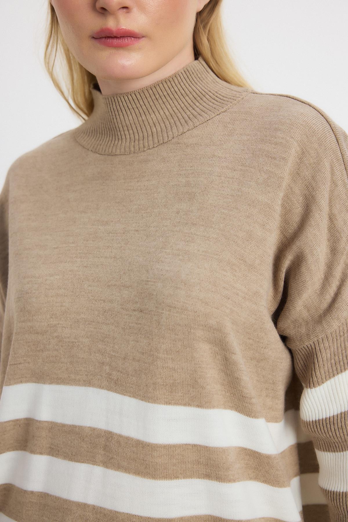 5325 Kalın Çizgili Tunik Vizon - 3