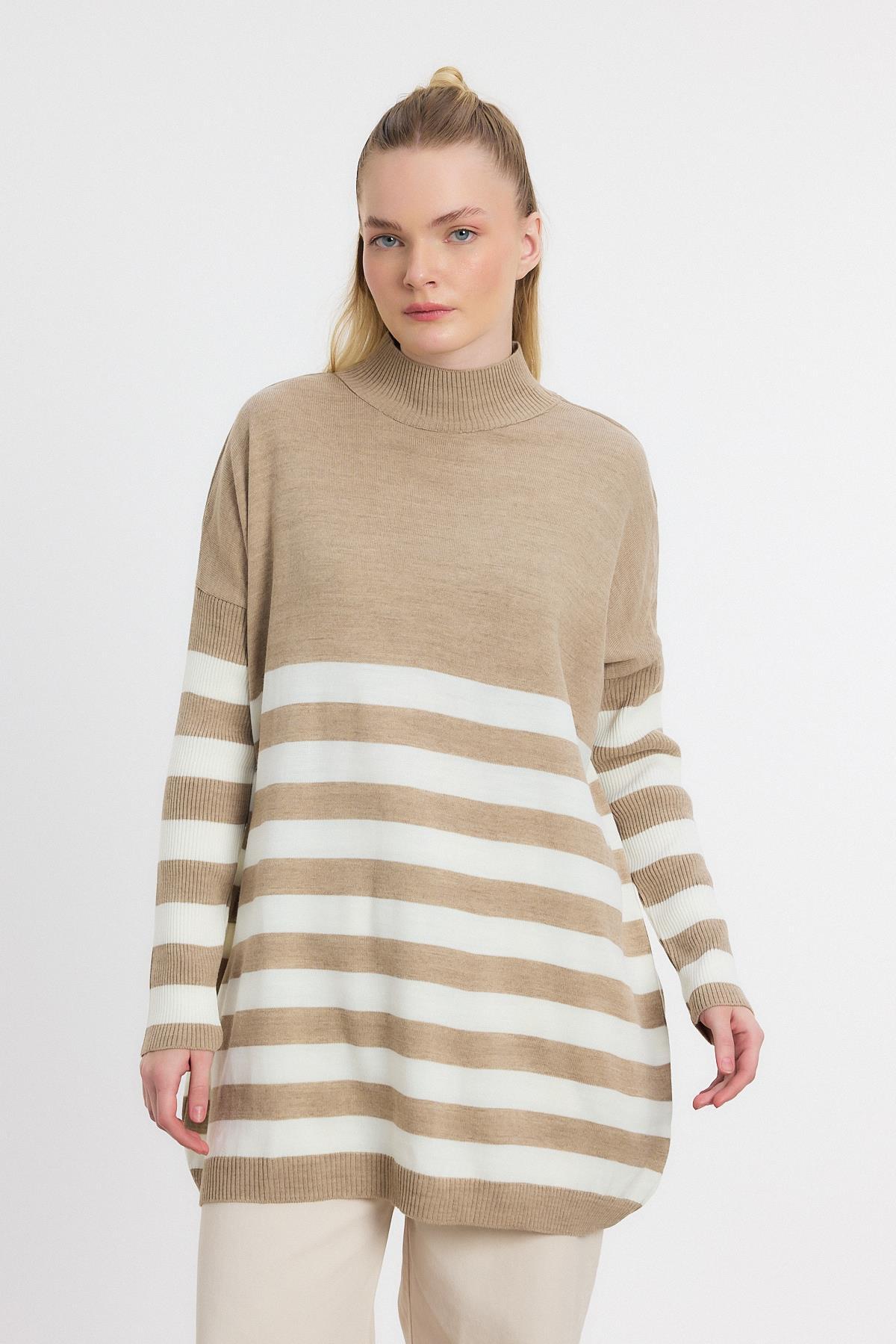 5325 Kalın Çizgili Tunik Vizon - 4