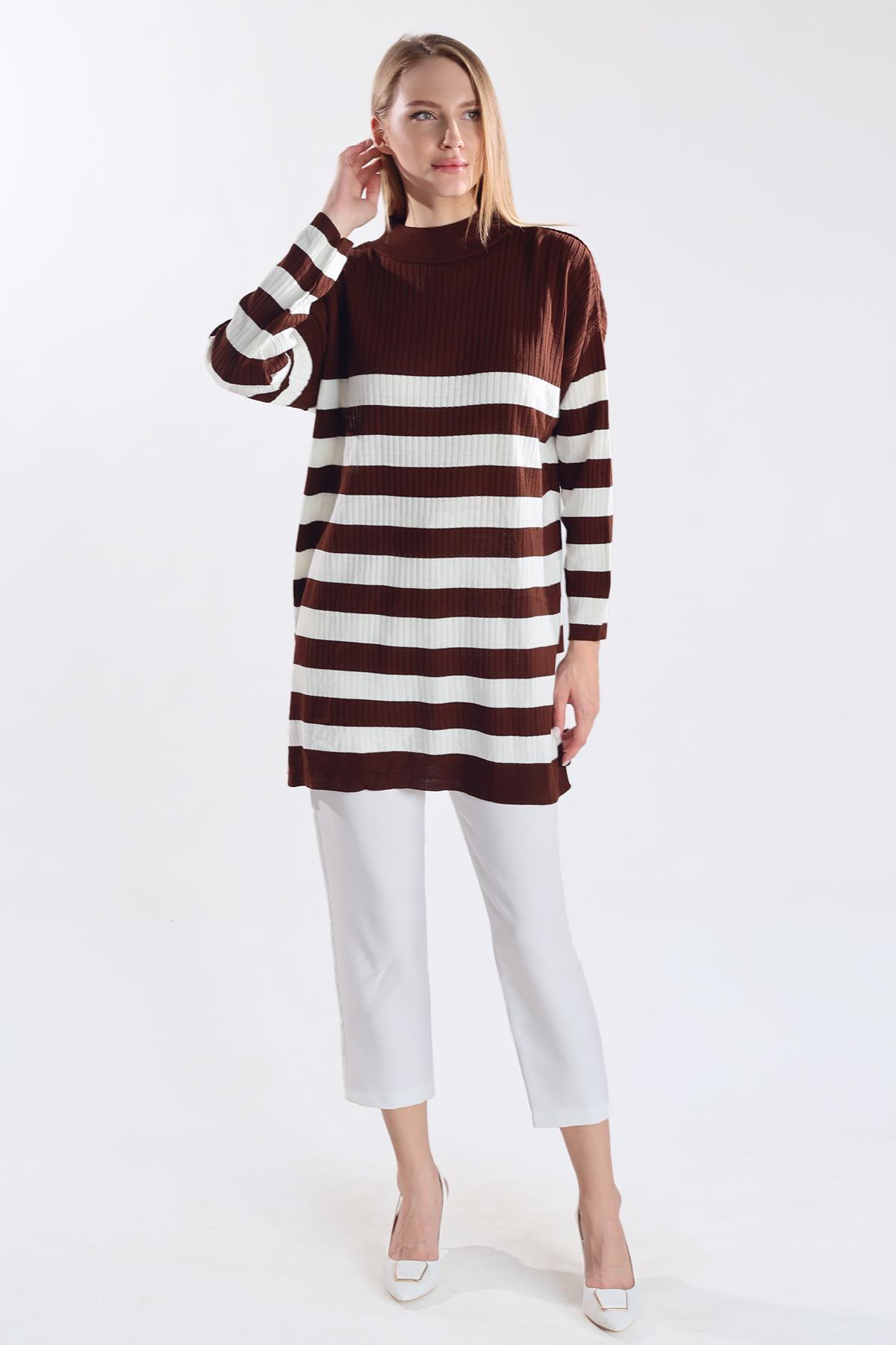 5330 Çizgili Triko Tunik Acı Kahve 