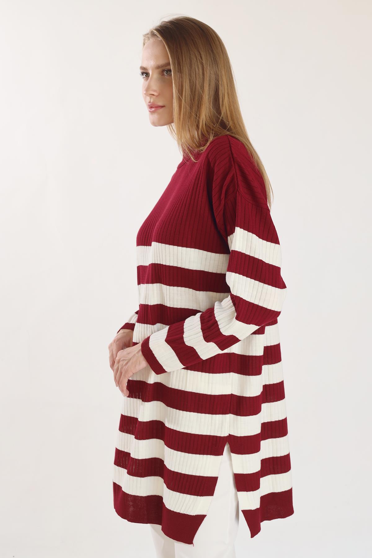 5330 Çizgili Triko Tunik Bordo - 3