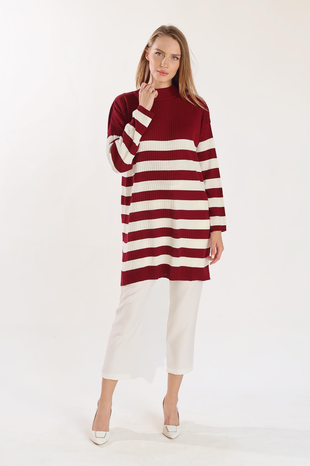 5330 Çizgili Triko Tunik Bordo - 6
