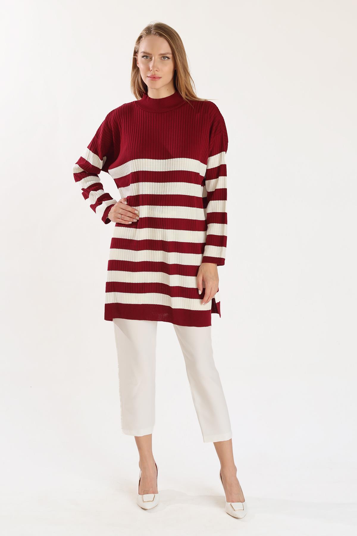 5330 Çizgili Triko Tunik Bordo - 1