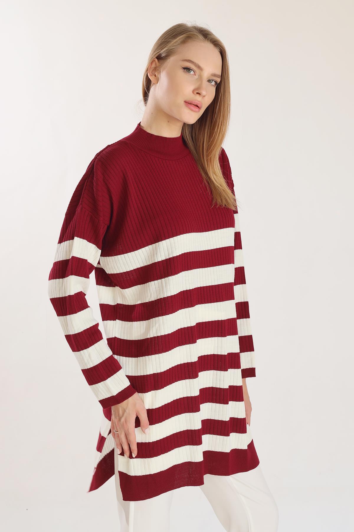 5330 Çizgili Triko Tunik Bordo - 2