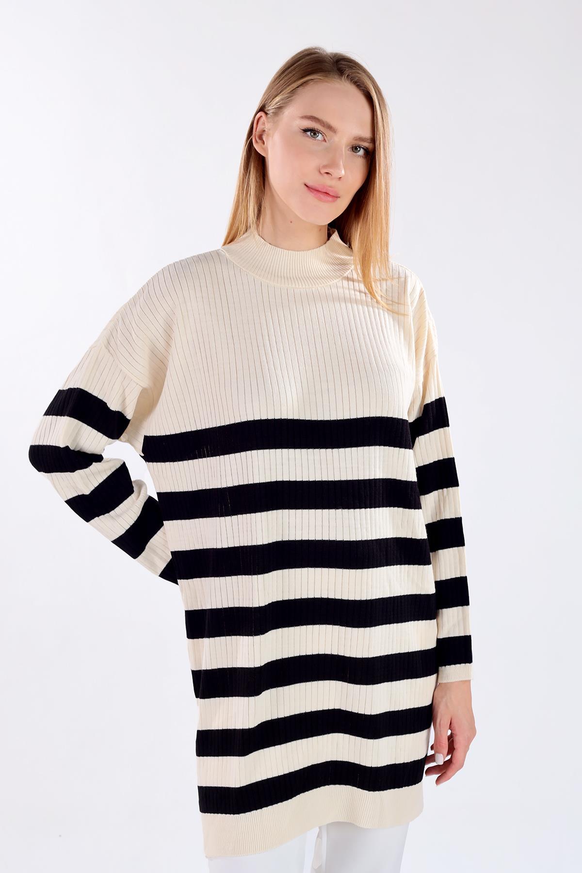 5330 Çizgili Triko Tunik Ekru - 1
