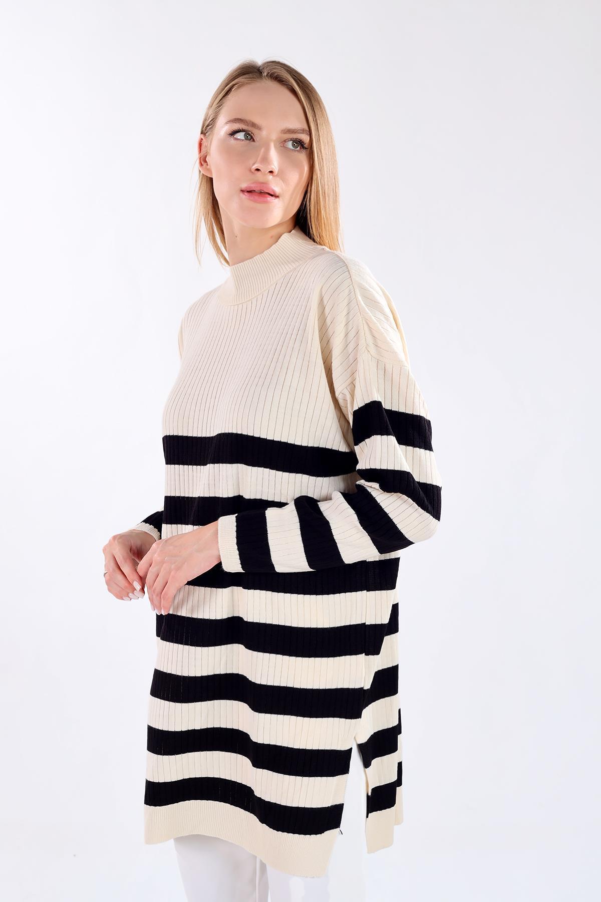 5330 Çizgili Triko Tunik Ekru - 2