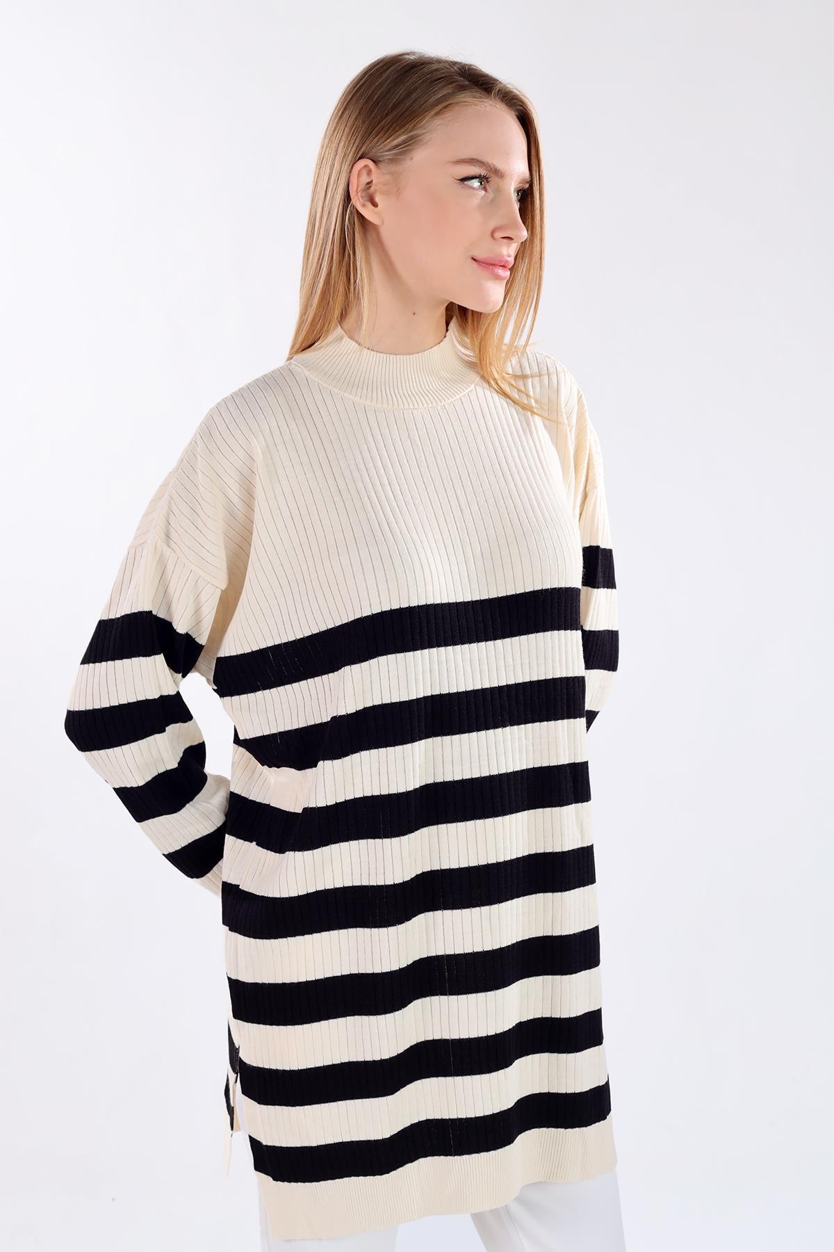5330 Çizgili Triko Tunik Ekru - 6