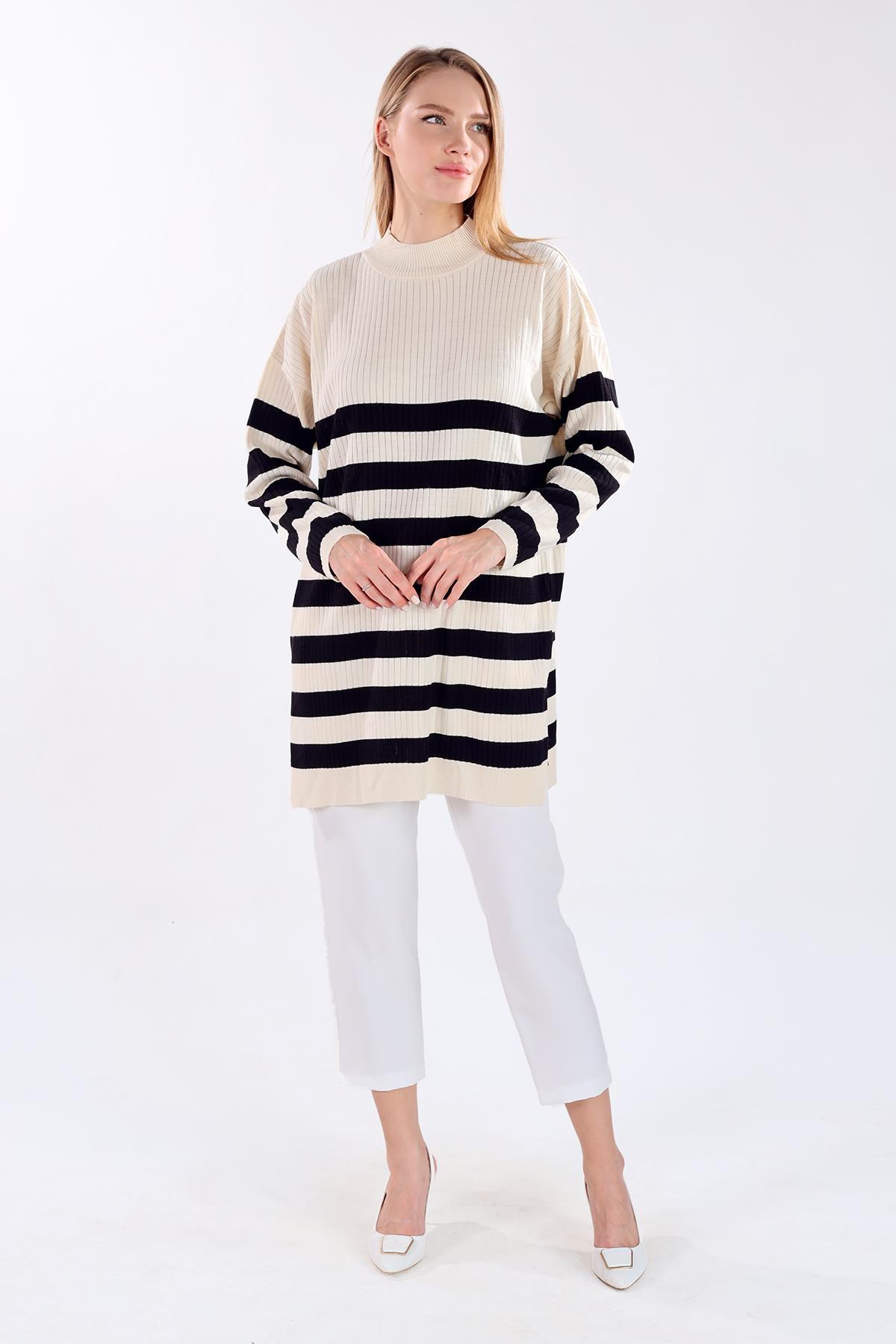 Ekru Çizgili Triko Tunik 5330 - 3