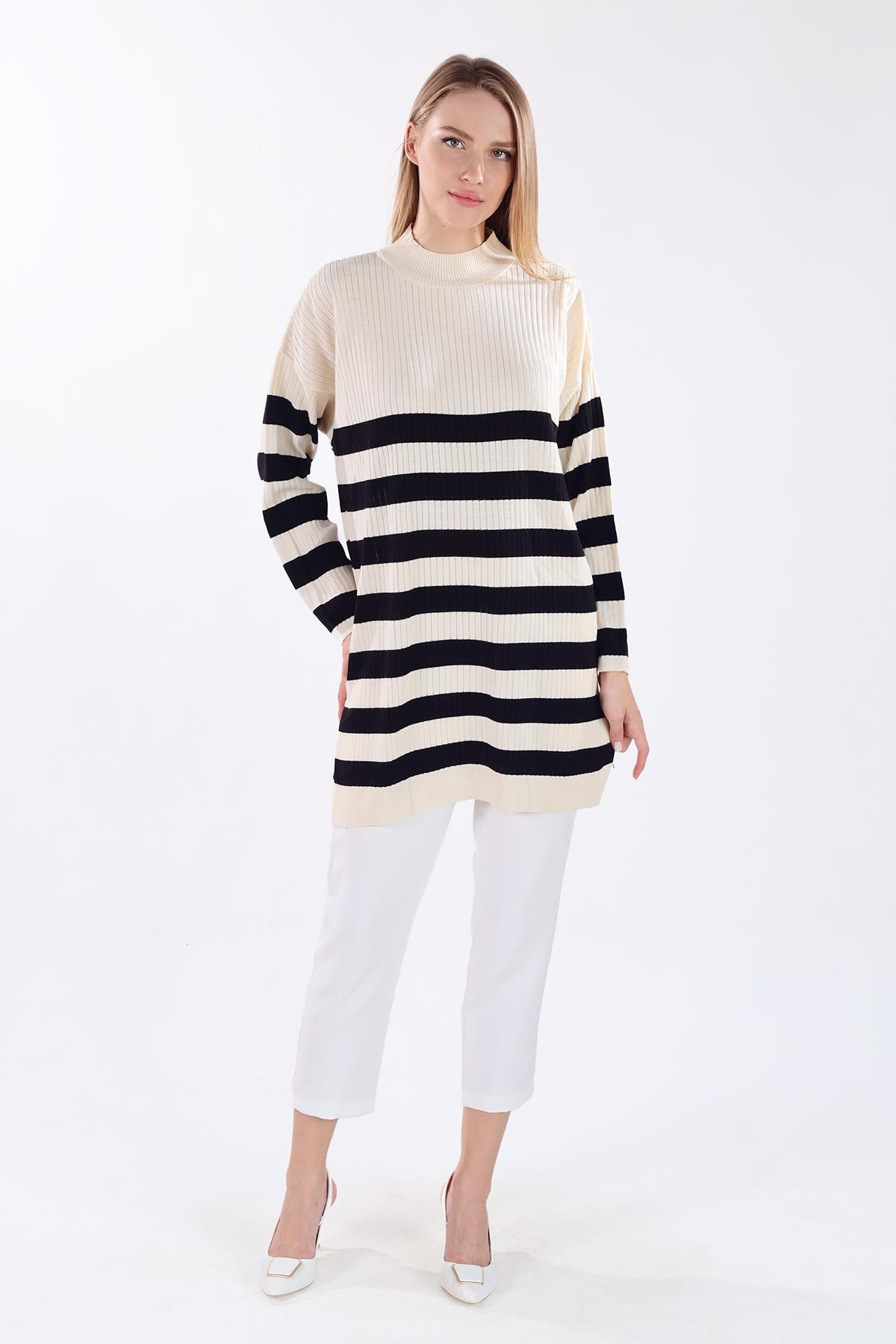 Ekru Çizgili Triko Tunik 5330 - 7