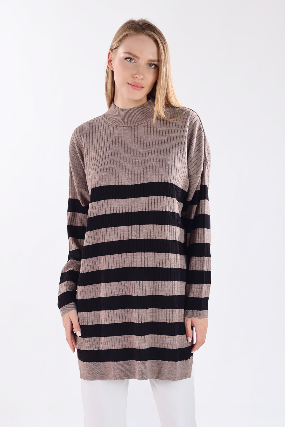 5330 Çizgili Triko Tunik Vizon 