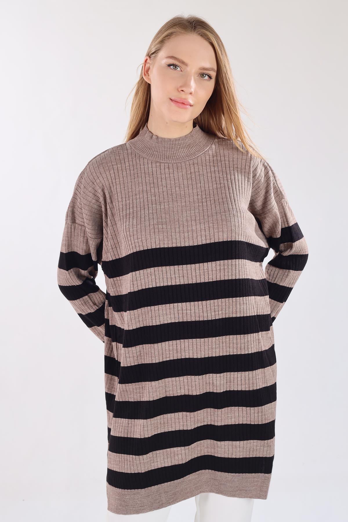 5330 Çizgili Triko Tunik Vizon - 6