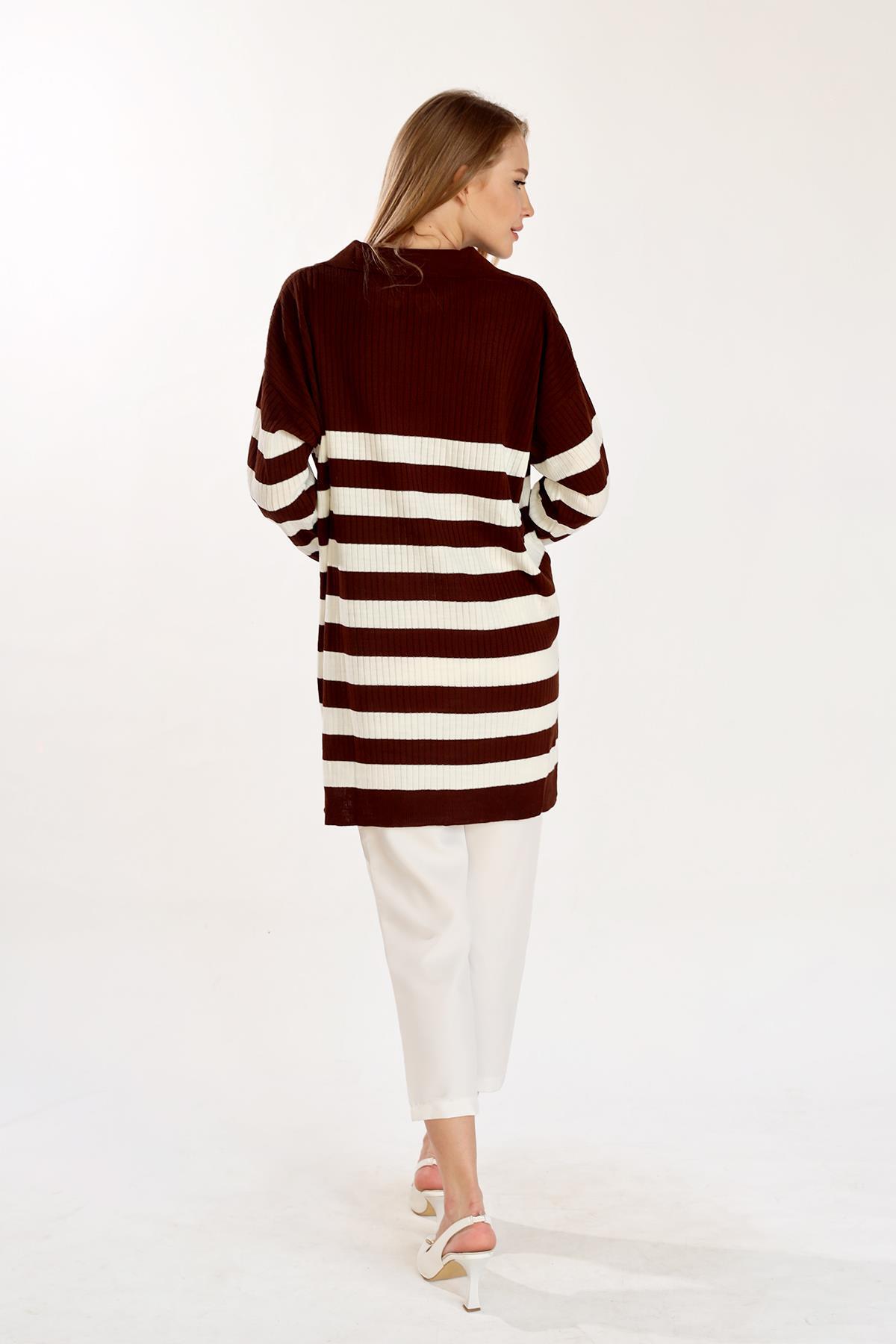 5335 Çizgili Fitilli Triko Tunik Acı Kahve - 6