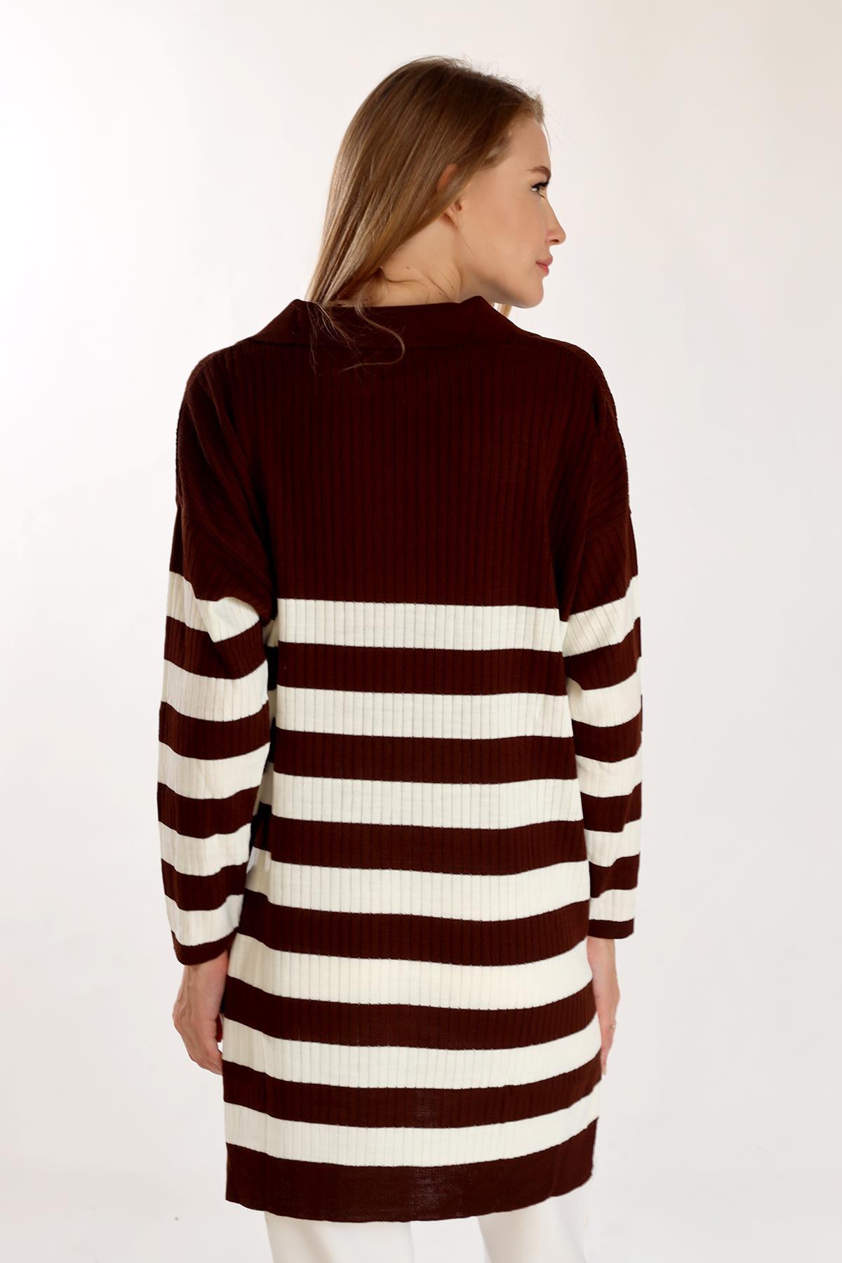 5335 Çizgili Fitilli Triko Tunik Acı Kahve - 9