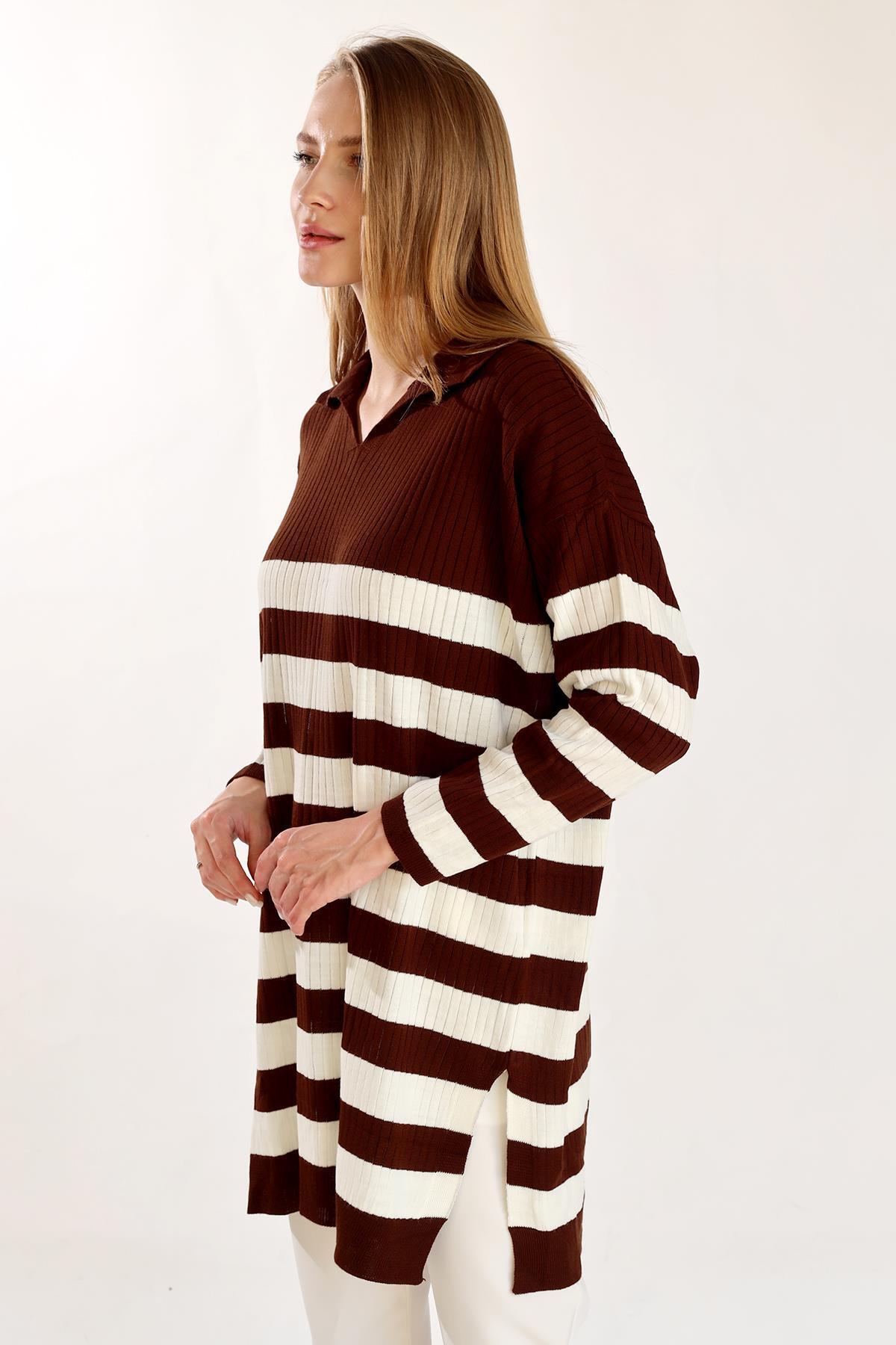 5335 Çizgili Fitilli Triko Tunik Acı Kahve - 2