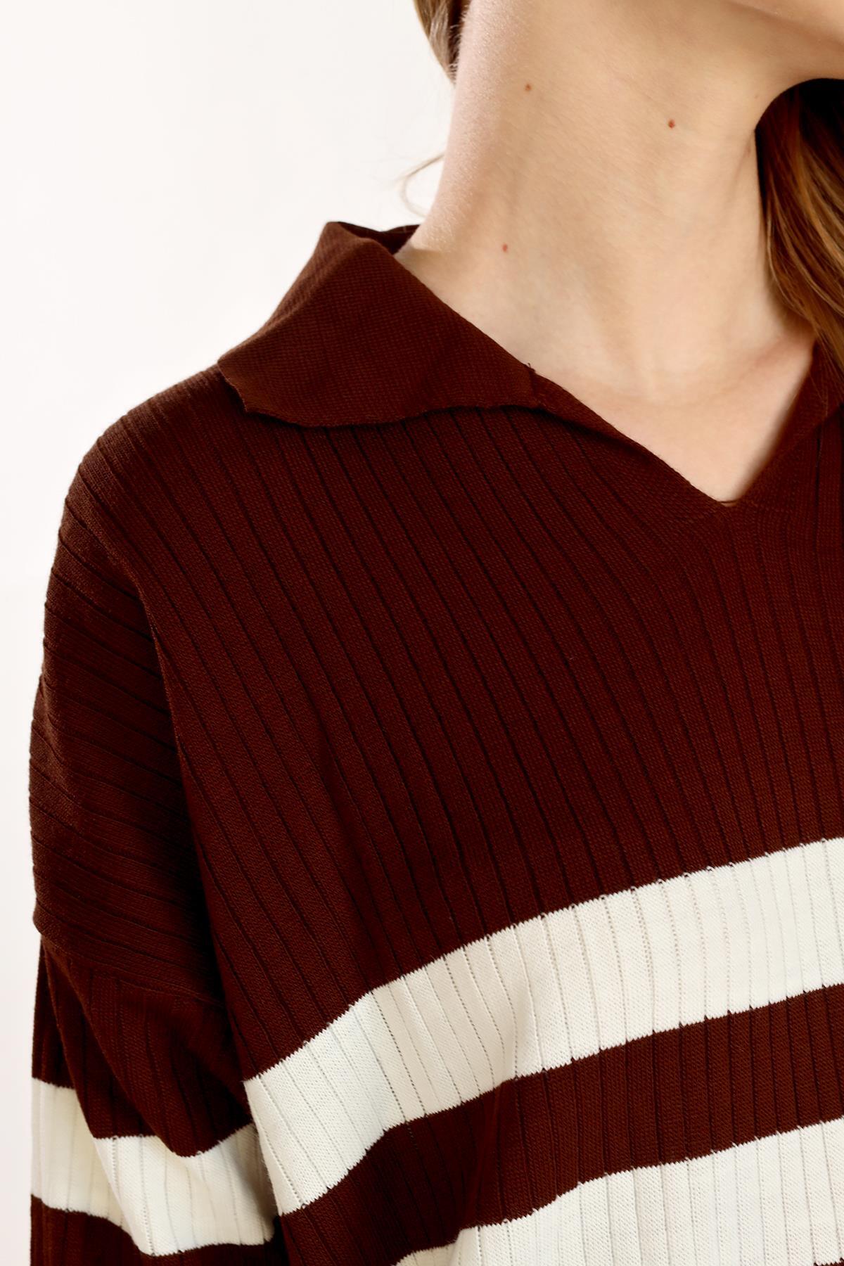 5335 Çizgili Fitilli Triko Tunik Acı Kahve - 4