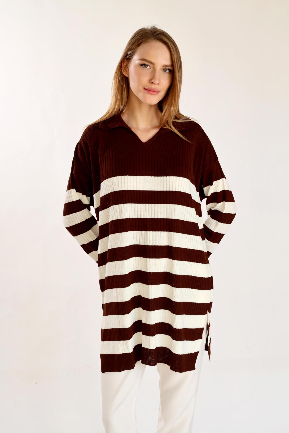 Acı Kahve Çizgili Fitilli Triko Tunik 5335 - 1