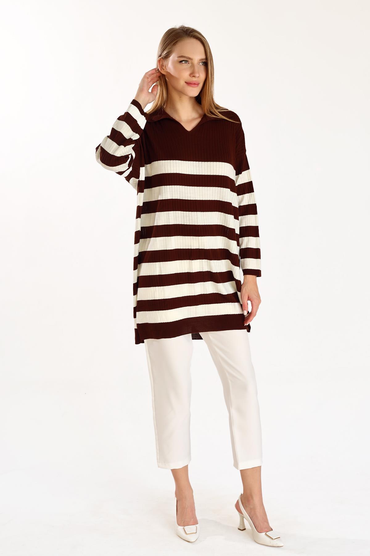 Acı Kahve Çizgili Fitilli Triko Tunik 5335 - 3