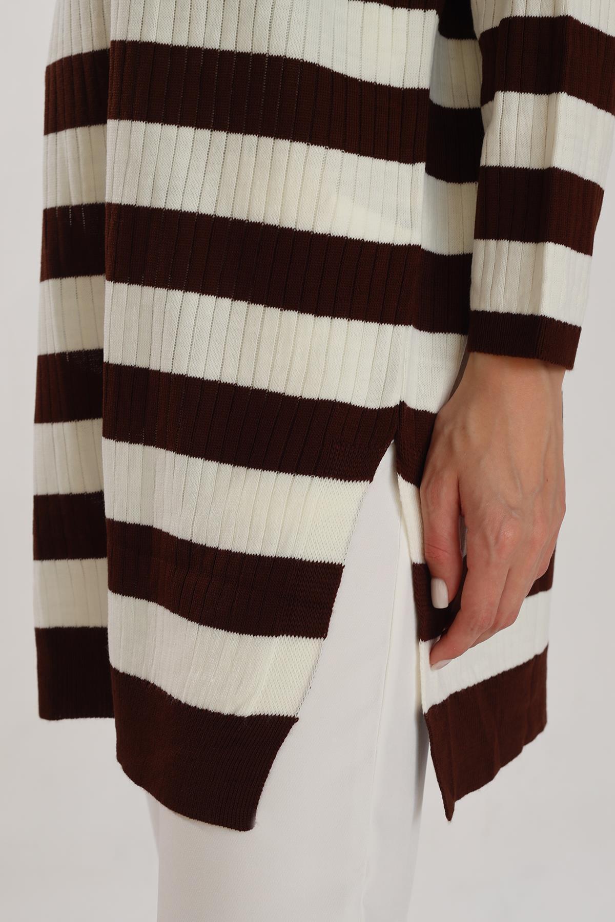 Acı Kahve Çizgili Fitilli Triko Tunik 5335 - 5
