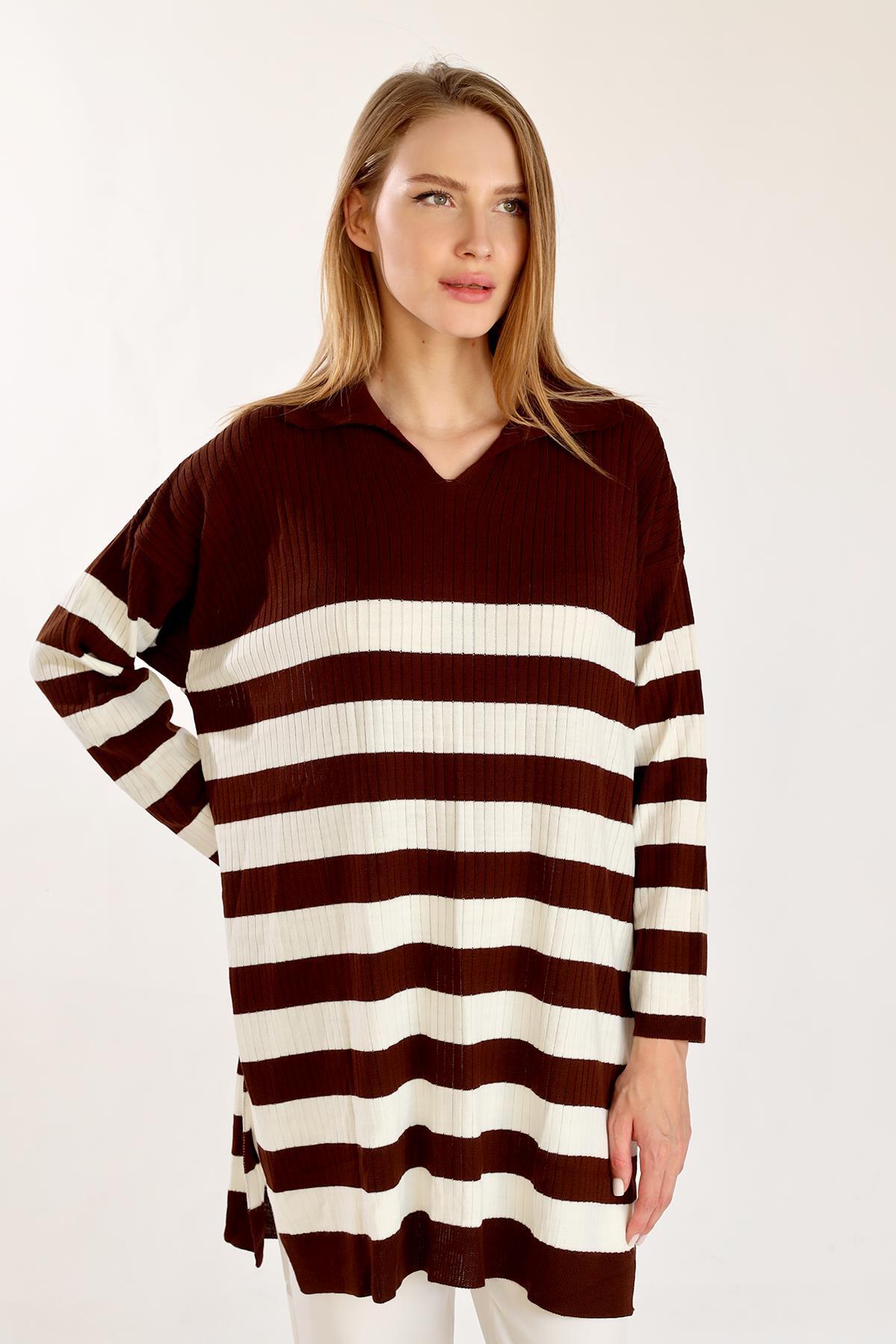 Acı Kahve Çizgili Fitilli Triko Tunik 5335 - 7