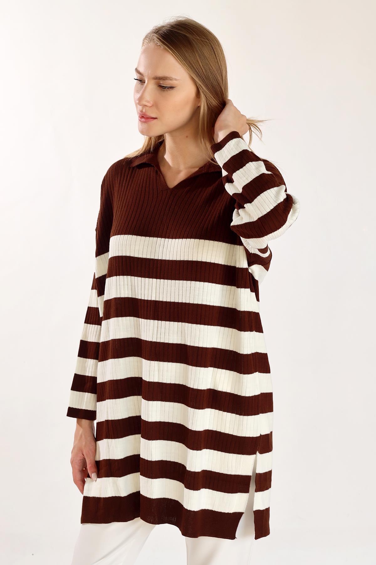 Acı Kahve Çizgili Fitilli Triko Tunik 5335 - 8