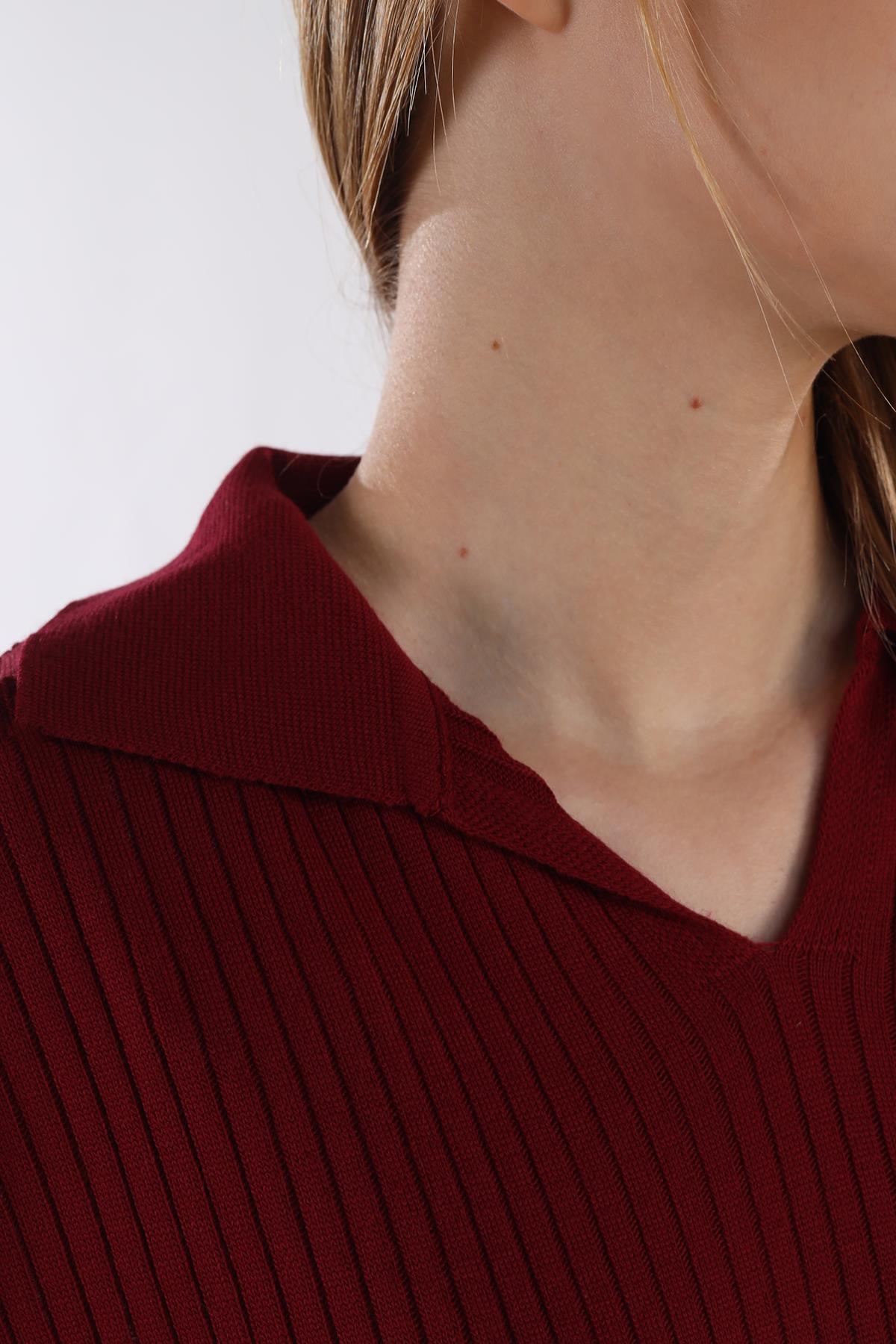 5335 Çizgili Fitilli Triko Tunik Bordo - 3