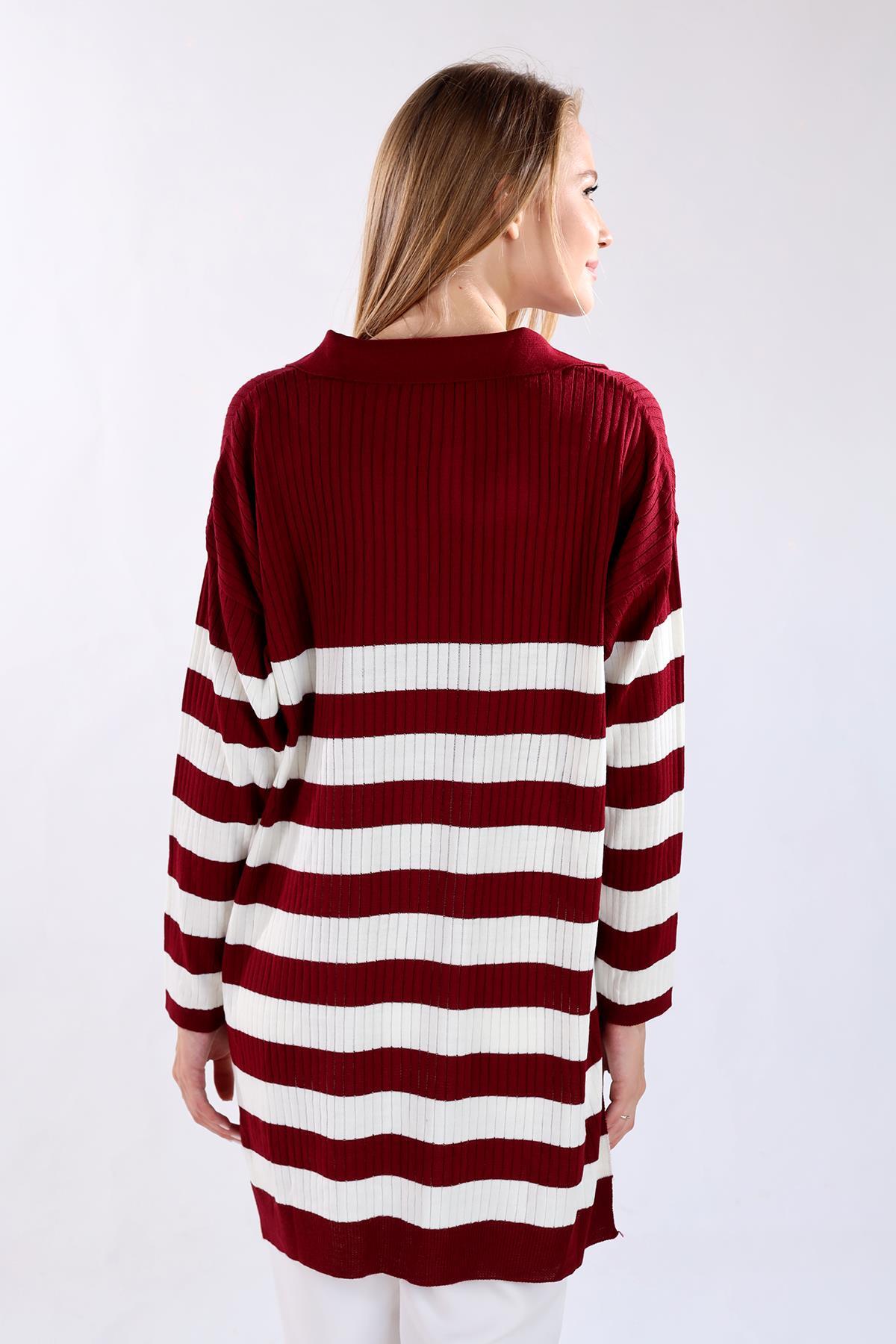 5335 Çizgili Fitilli Triko Tunik Bordo - 4