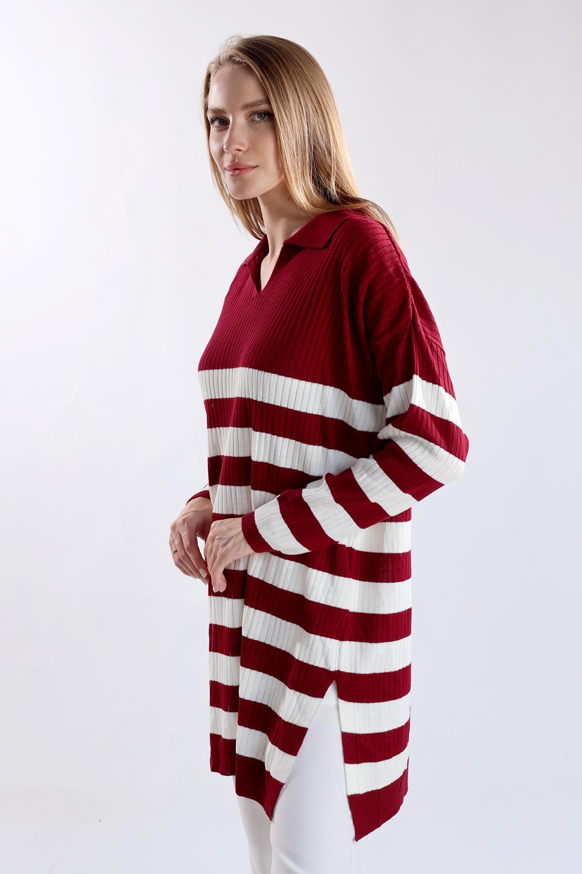 5335 Çizgili Fitilli Triko Tunik Bordo - 5