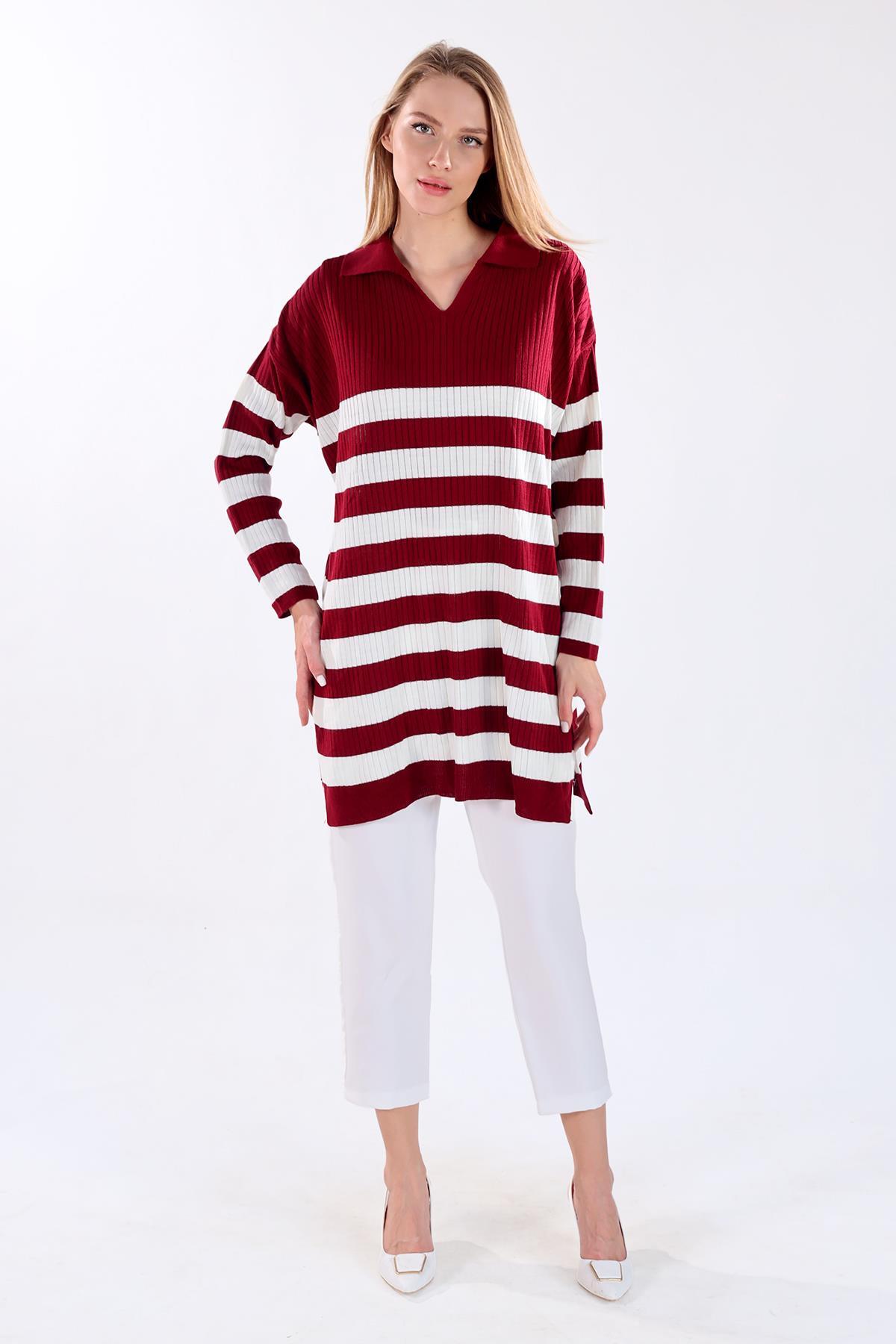 5335 Çizgili Fitilli Triko Tunik Bordo - 6