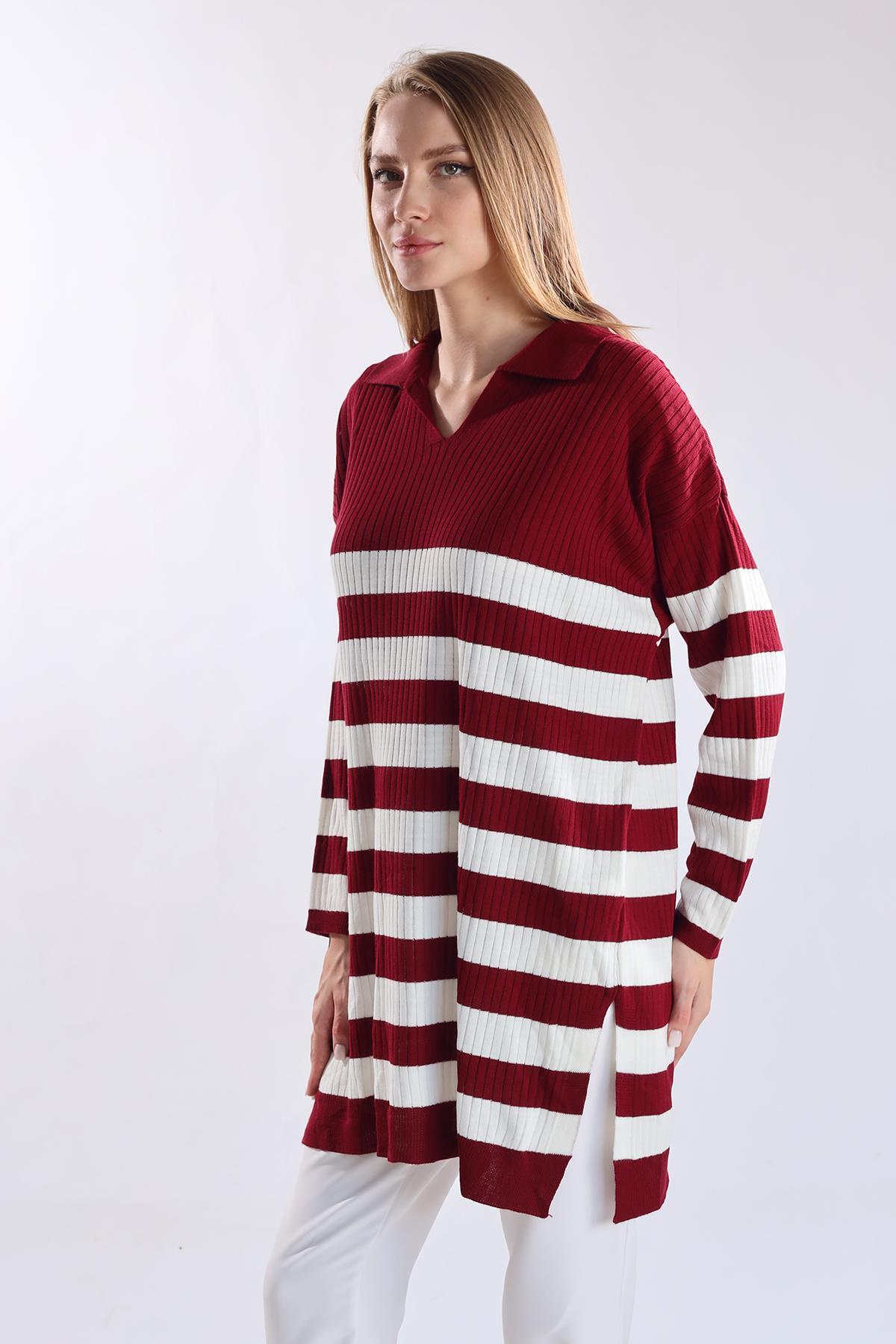 5335 Çizgili Fitilli Triko Tunik Bordo - 7